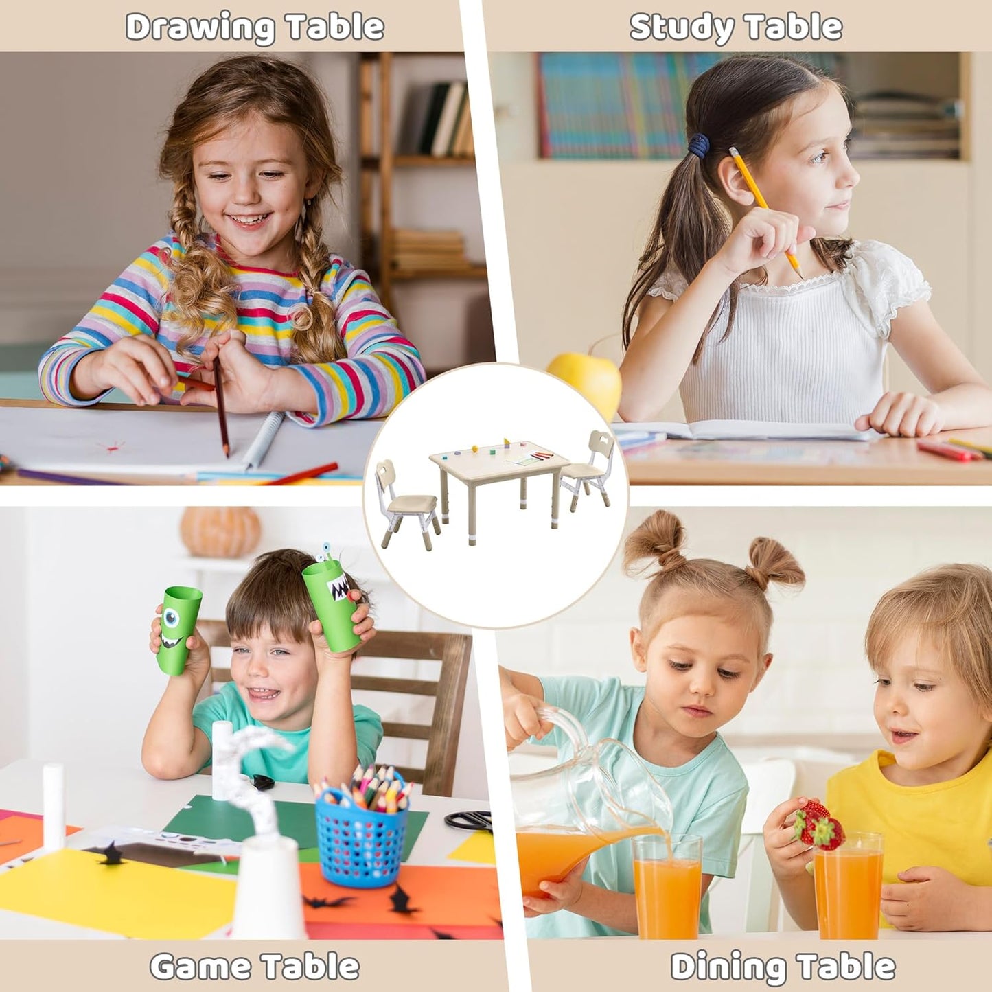 Kids Table and 2 Chairs Set, Height Adjustable (17.7"-26.1") Toddler Table and Chair Set, Multi-Activity Table with Graffiti Desktop, Children’s Table and Chairs for Classroom, Home & Daycare