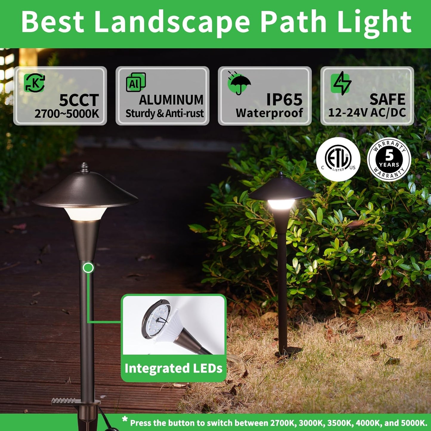 Low Voltage Pathway Lights - 2700K/3000K/3500K/4000K/5000K Selectable Landscape Sidewalk Lighting Wired, 12V Path Light Waterproof, 200lm LED Aluminum Pathlight ORB for Outside Patio Yard