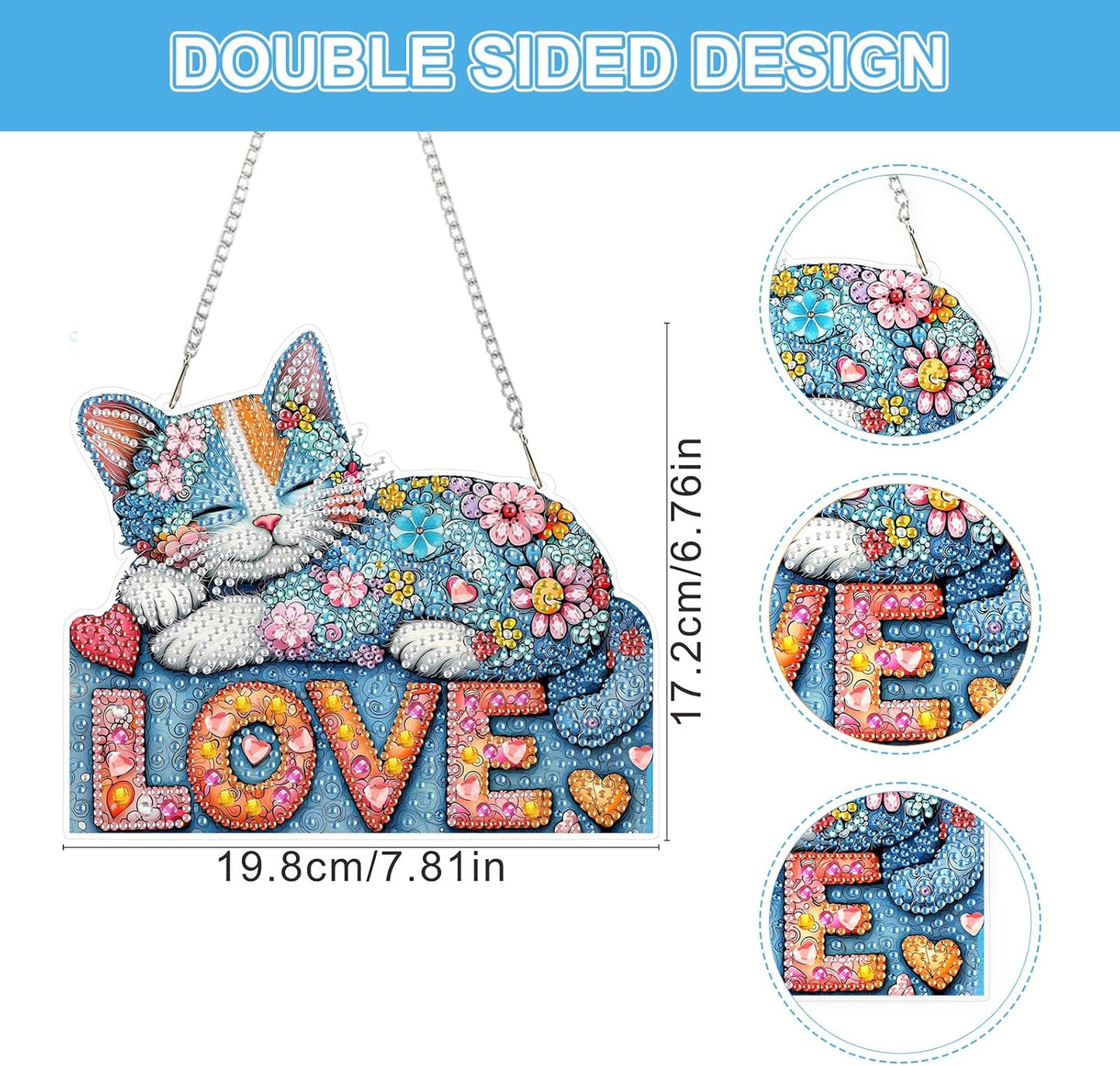 Lxmsja DIY Colorful Cat Diamond Painting Hanging Ornament, Double-Sided Acrylic Love Hearts Diamond Art Kit, Special Shaped Drill Pendant Window Art Kit, Suncatcher Hanging Craft Decoration 7×8 inch