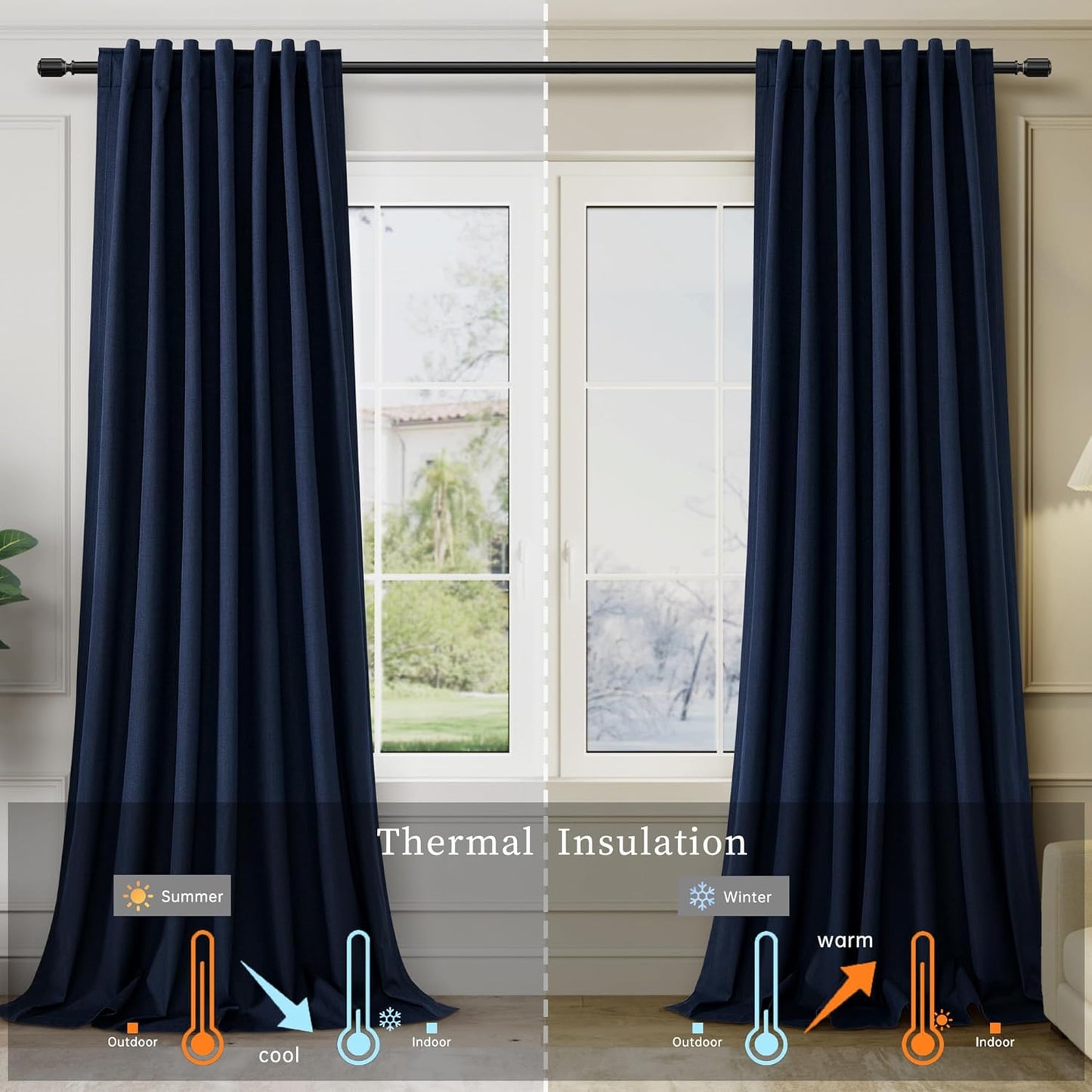 BOODII Room Darkening Curtains Navy Blue Black Out Curtains 96 Inches Long 2 Panels Back Tab Blackout Linen Curtain for Sliding Door Modern Farmhouse Living Room Window Drapes Soundproof 52x96