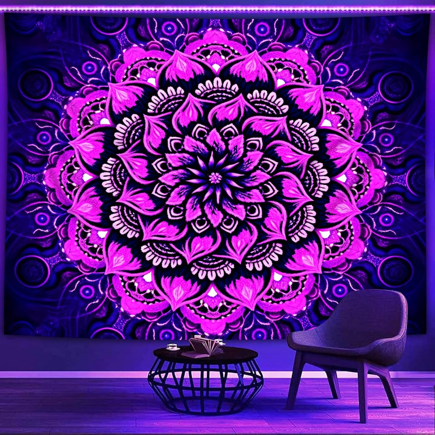 Psyhilar Blacklight Mandala Tapestry Wall Hanging, Psychedelic Flower Black Light Posters for Adults and Teens, UV Reactive Aesthetic Bohemian Art for Bedroom (80 x 60 Inches)