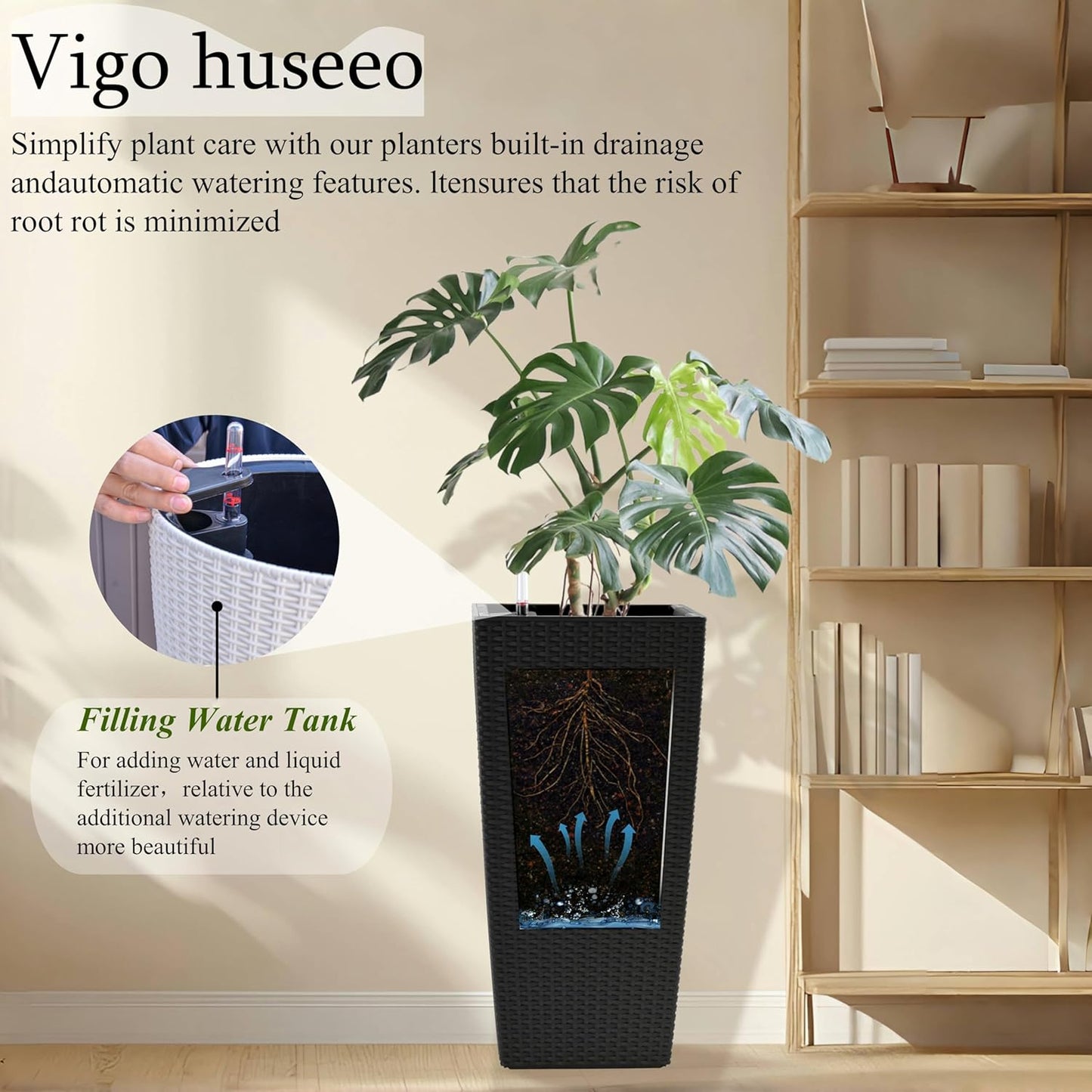 30in Tall Large Plant Pots Planter-Self-Watering Indoor/Outdoor Planting with Drain Holes, Water Level Monitor, Inner Bucket for Front Porch Patio, Black Large