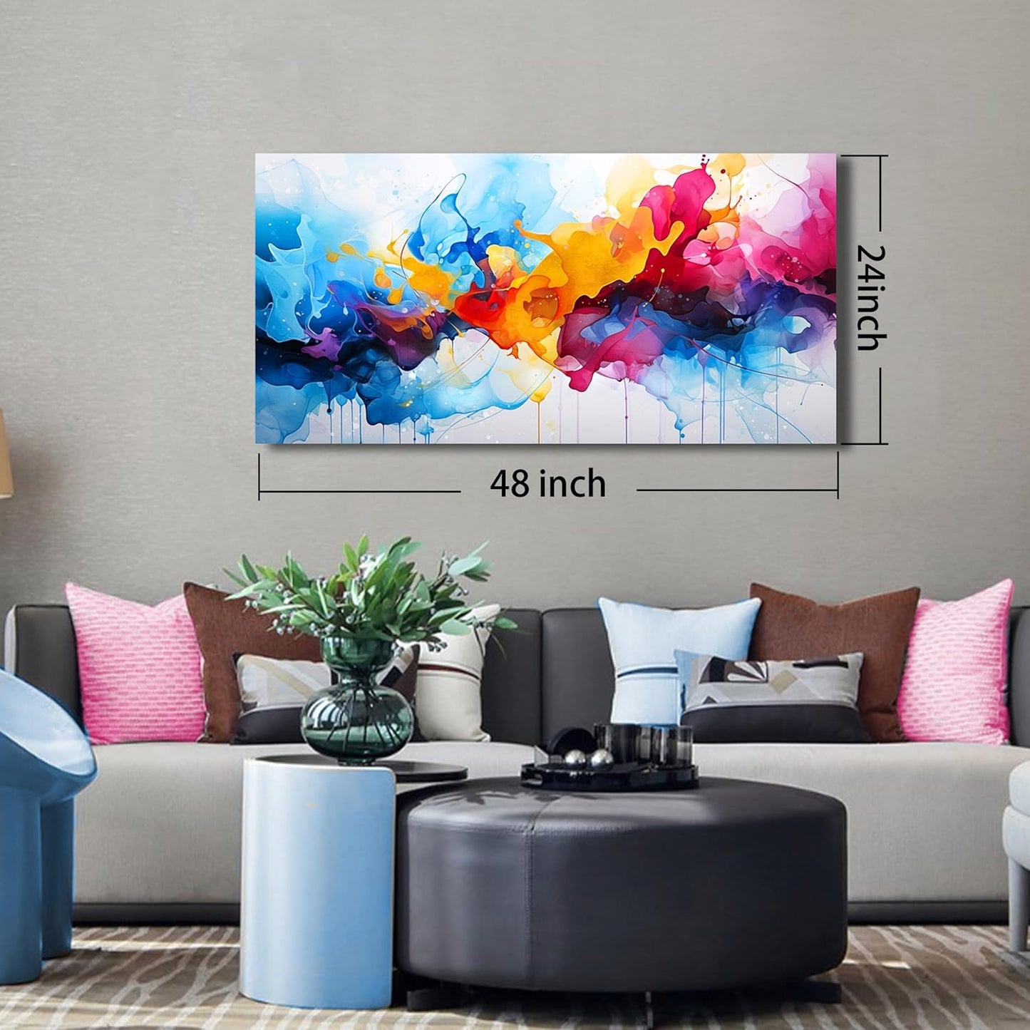 Alsingbago Large Colorful Abstract Canvas Wall Art for Living Room Bedroom Home Office Modern Wall Decor Blue Orange Pink Gray Abstract Picture Ready to Hang Size 24x48