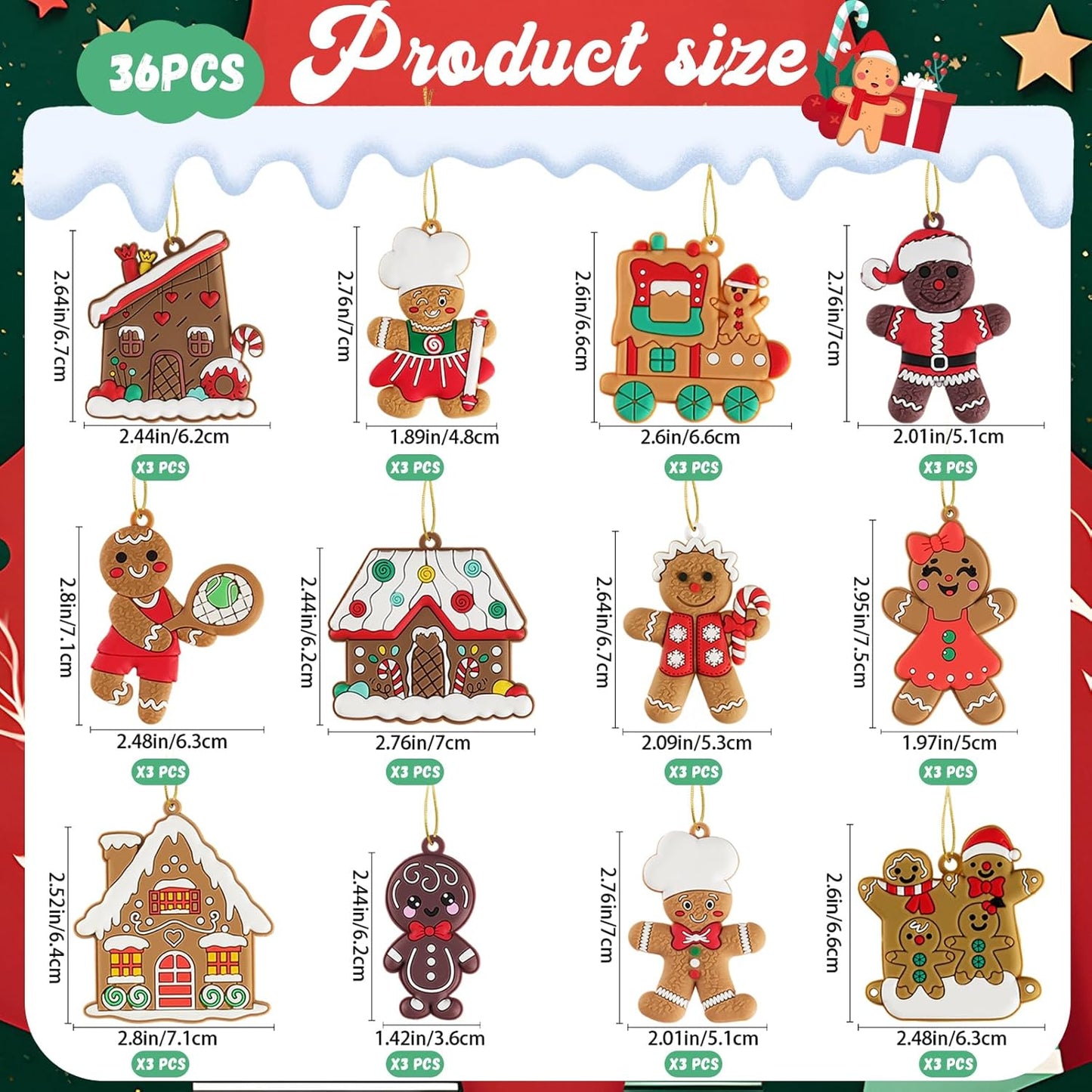 36pcs Gingerbread Man Ornaments for Christmas Tree, Assorted Gingerbread Figurines Decorations with Gingerbreads House Ornaments for Holiday Christmas Tree Home Decor