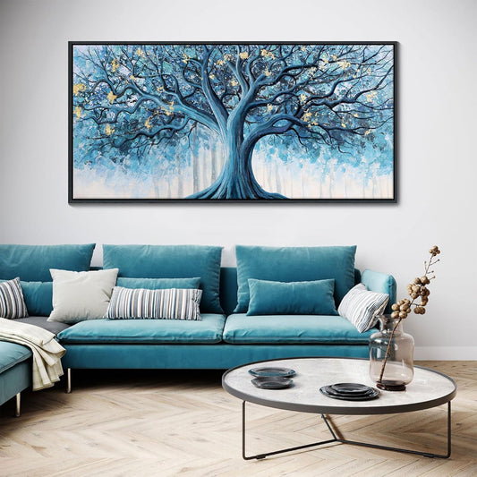 Navy Blue Canvas Wall Art - Blue and Gold Nature Wall Decor, Tree of Life for Bedroom Wall Art, Large Pictures for Living Room, Office, or Bedroom, Framed Landscape Artwork 29×58IN