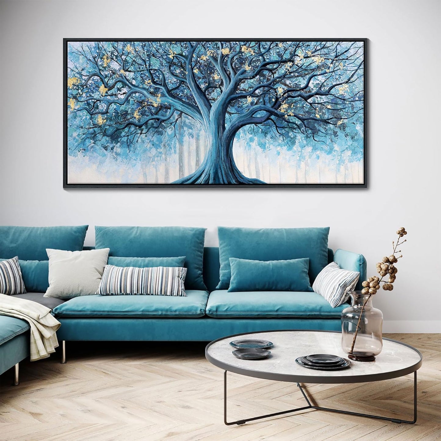 Navy Blue Canvas Wall Art - Blue and Gold Nature Wall Decor, Tree of Life for Bedroom Wall Art, Large Pictures for Living Room, Office, or Bedroom, Framed Landscape Artwork 20×40IN