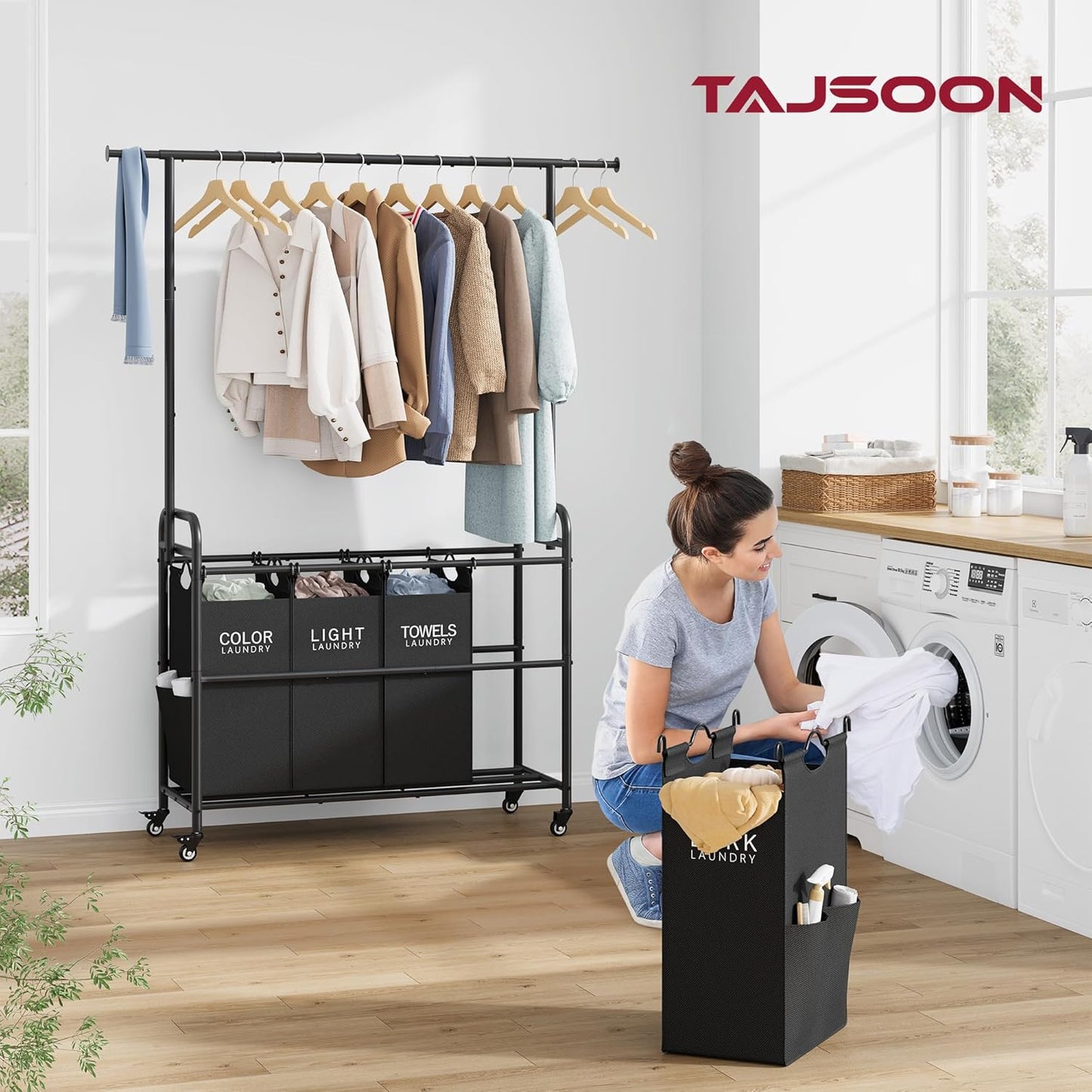 Tajsoon Laundry Sorter Cart with Hanging Clothes Rack, 4 Butler Sorter Basket Organizer, Laundry Hamper Cart with Heavy Duty Rolling Lockable Wheels, Black