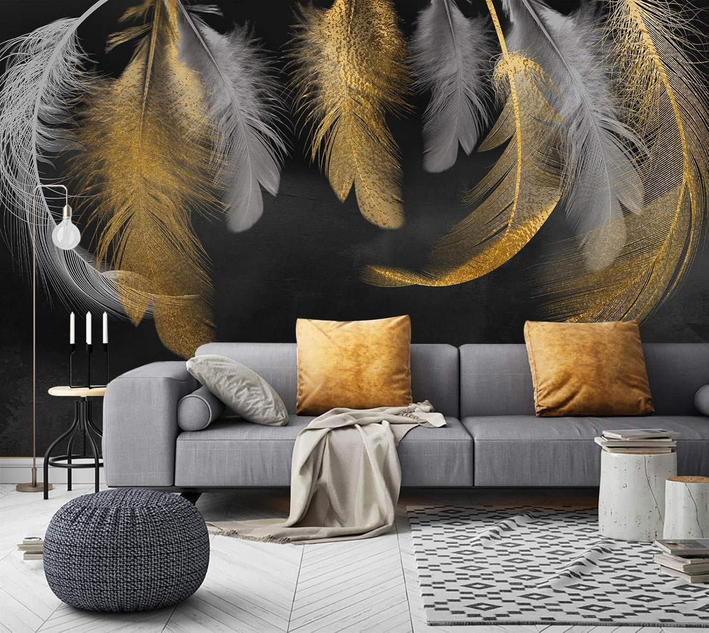 WFBHUA-Modern Gold Feather Wallpaper Large Art Dark Background Wall Mural for Living Room Bedroom (Not Peel and Stick)