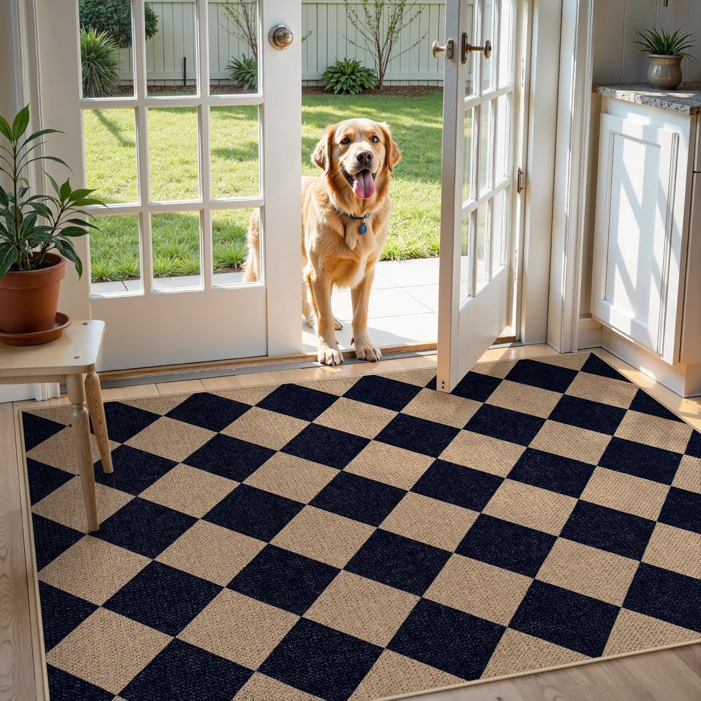 Lahome Checkered Easy Jute Entry Rug, 3x5 Black Outdoor Patio Rug for Living Room Farmhouse Neutral Carpet, Washable Non Slip Indoor Door Mat Diamond Carpet for Front Door Deck Camping