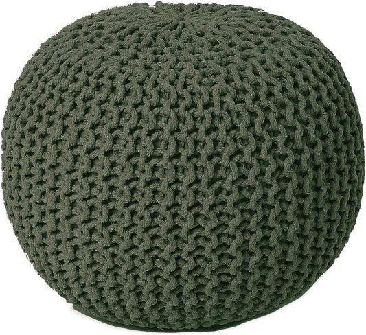 REDEARTH Round Hand Knitted Pouf - Foot Stool Bean Bag Ottoman - Cord Boho Pouffe - Poof Accent Beanbag Footrest for Living Room - Bedroom - Patio - Lounge (19.5"x19.5"x14") - Olive