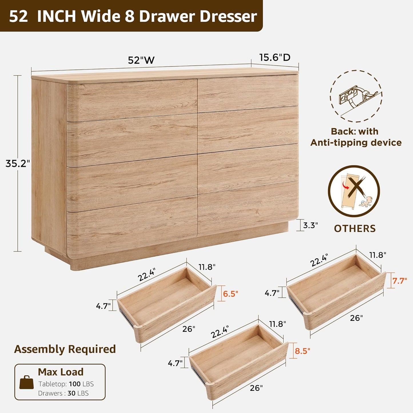 8 Drawer Dresser for Bedroom, 52 Inch Wide Modern Chest of Drawers, Push-to-Open Wood Storgae Organizer with Large Drawers for Bedroom, Living Room, Hallway,Natural Oak
