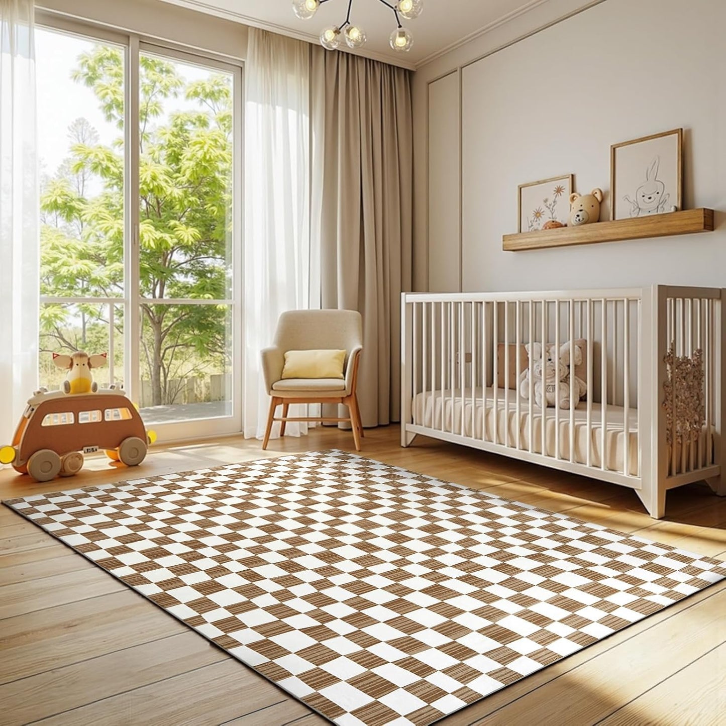 jinchan 4x6 Brown Checkered Area Rugs for Kids Room - Machine Washable Rug Modern Neutral Geometric Lattice Soft Non-Slip Carpet for Nursery Playroom Bedroom Entryway Living Room Home Office