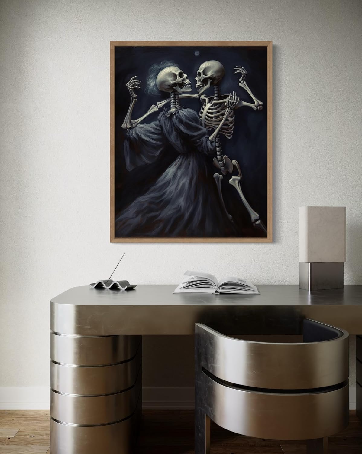 Dancing Skeleton Poster Art Print, Halloween Scary Vintage Wall Art Academia Spooky Painting Decoration for Horror Prints, Gothic Posters Bedroom Decor 89 (Dancing Skeleton, 11 x 14 inches, Wood Frame)