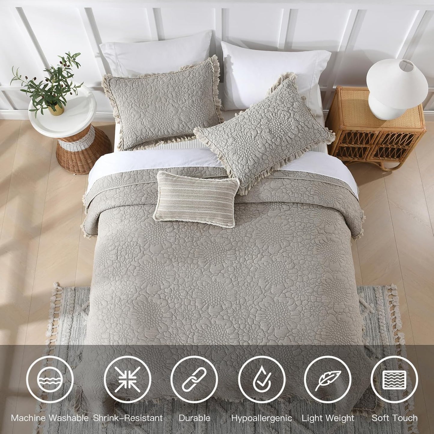 HORIMOTE HOME Beige Ruffled Quilt Queen Size, Stone-Washed Microfiber Lightweight Crinkled Farmhouse Rustic Shabby Chic Bedding Set, 3 Pieces Reversible Bedspread with Pillow Shams for All Season