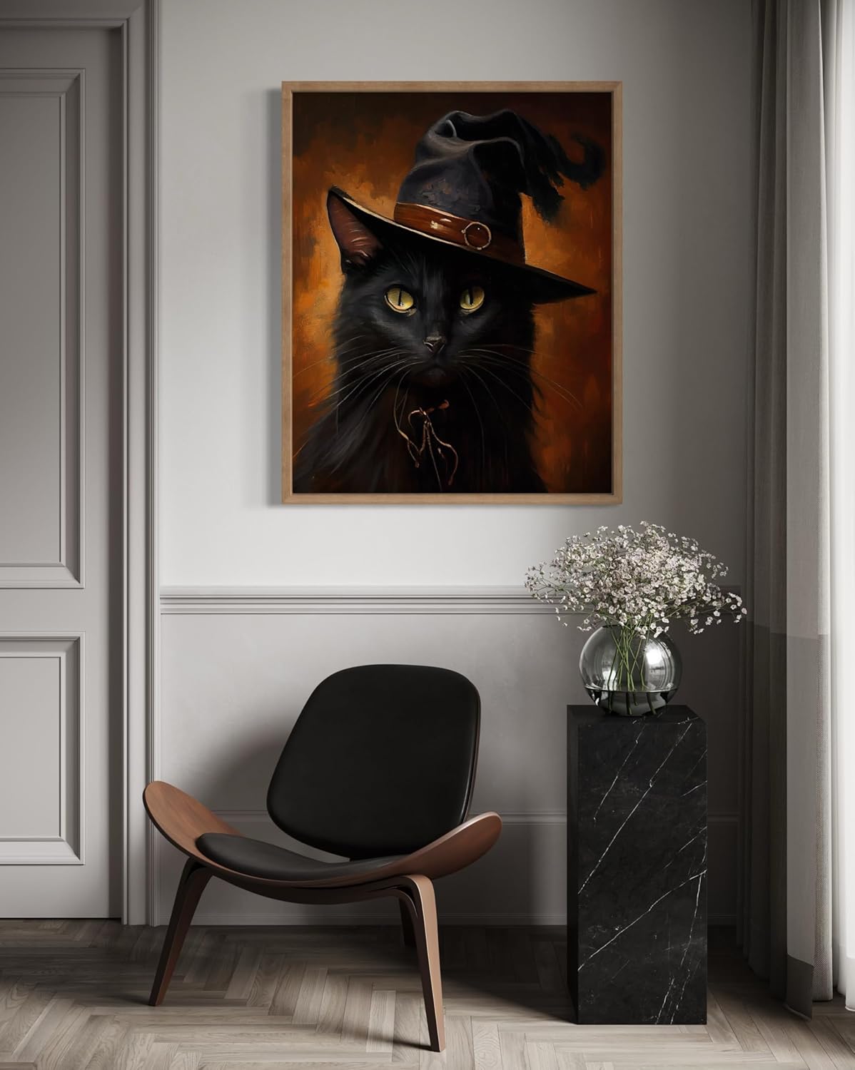 Witch Cat Poster Art Print, Halloween Scary Vintage Wall Art Academia Spooky Painting Decoration for Horror Prints, Gothic Posters Bedroom Decor 89 (Witch Cat, 8 x 10 inches, Wood Frame)