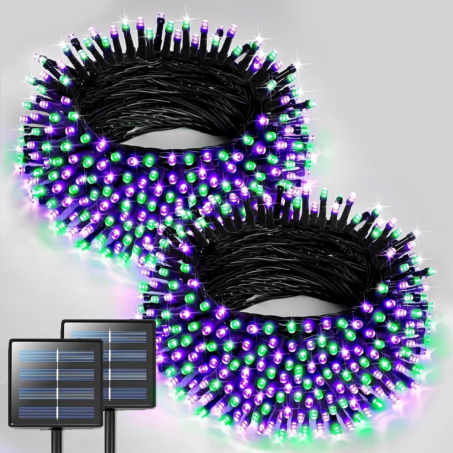 JMEXSUSS 2 Pack Purple and Green Halloween Lights, Total 400 LED 151FT Solar Halloween Lights Outdoor Waterproof, 8 Modes Solar Christmas String Light for Outside Tree Patio Decorations