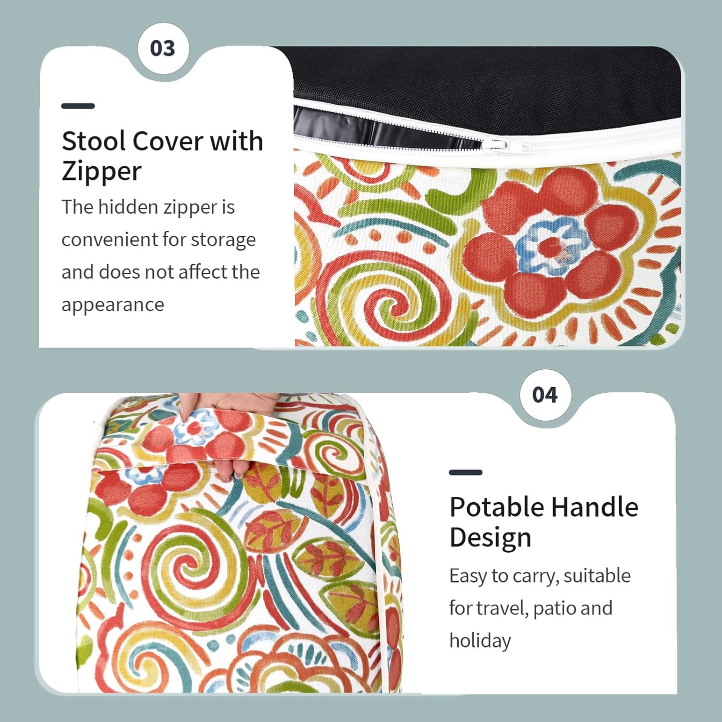 Inflatable Ottoman Stool D21 xH9 for Outdoor/Indoor Use, Water Repellent Patio Foot Rest Stool with Portable Handle,Round Pouf Ottoman Suitable for Garden,Deck and Camping - Flower Red