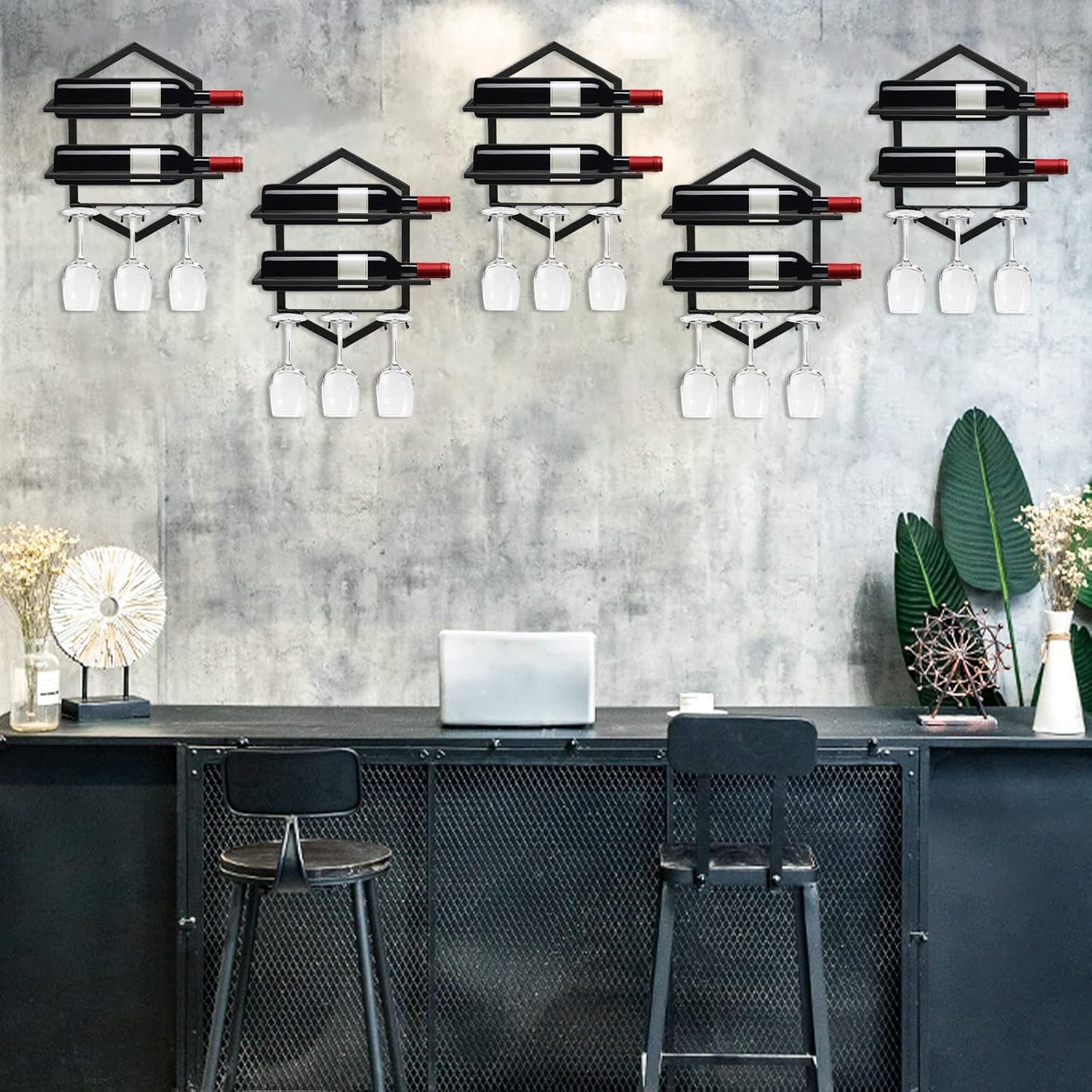 Wall Mounted Wine Stemware Rack, Metal Hanging Wine Glass Display Holde Holds 3 Cups 2 Bottles, Elegant Storage for Kitchen Dining Room Bar Wine Cellar (Black 1)