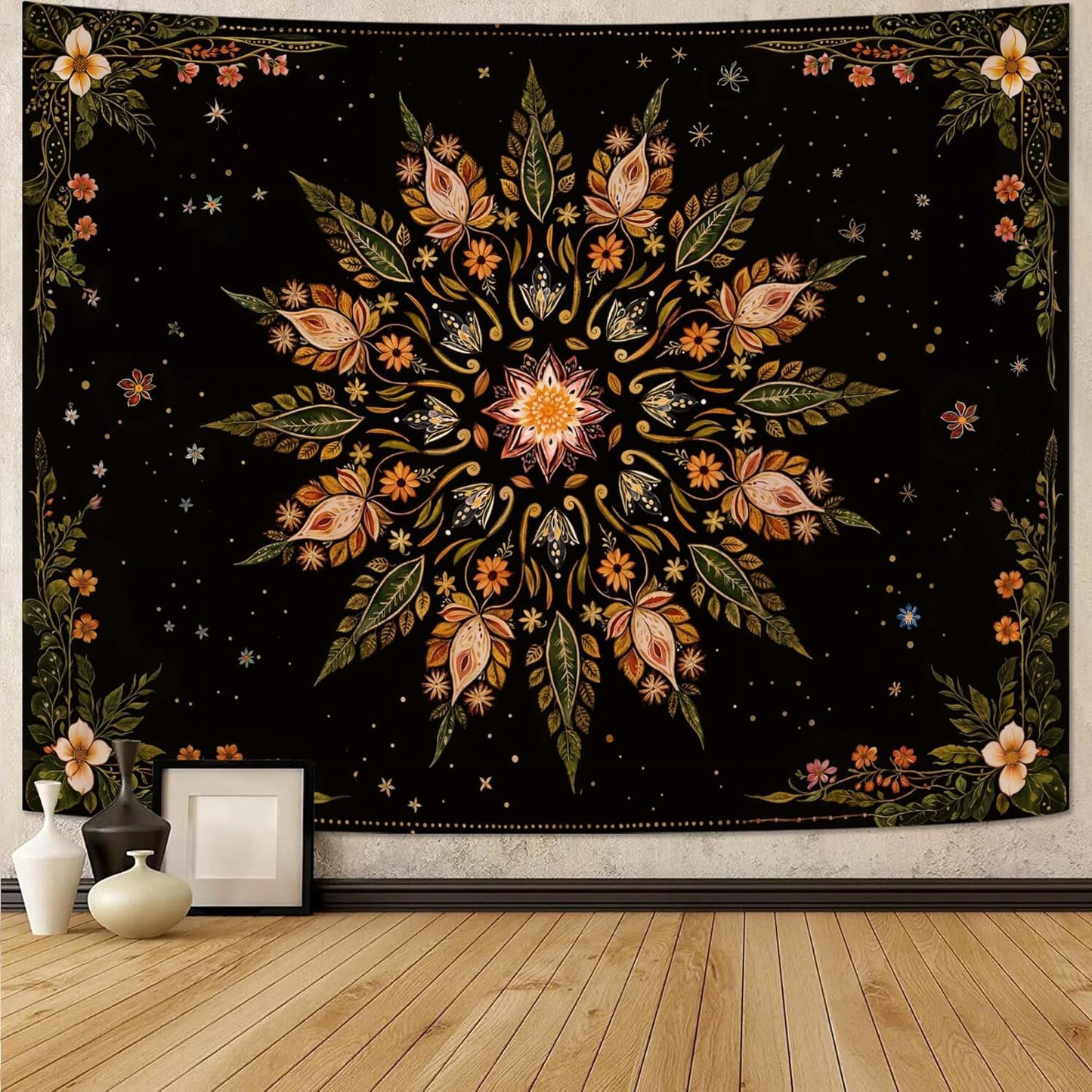 Fowocu Boho Floral Mandala Tapestry for Bedroom Aesthetic Vintage Bohemian Flower Wall Tapestry Black Green Hippie Indian Tapestries Wall Hanging for Living Room Dorm Decor 60 x 44 Inch