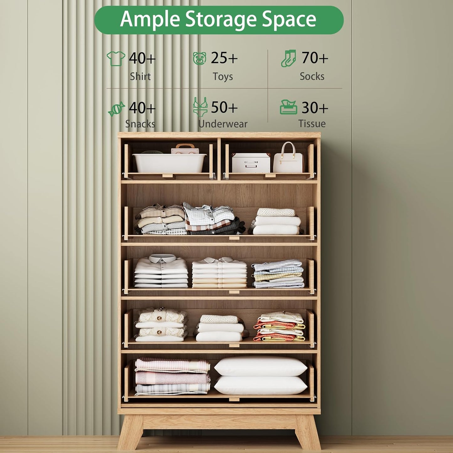 Fluted Dresser for Bedroom with 6 Drawers, 46" Tall Modern Chest of Drawers with Metal Handle, Wooden Dresser TV Stand, Wood Closet Clothes Storage Organizer for Living Room, Hallway, Natural Oak