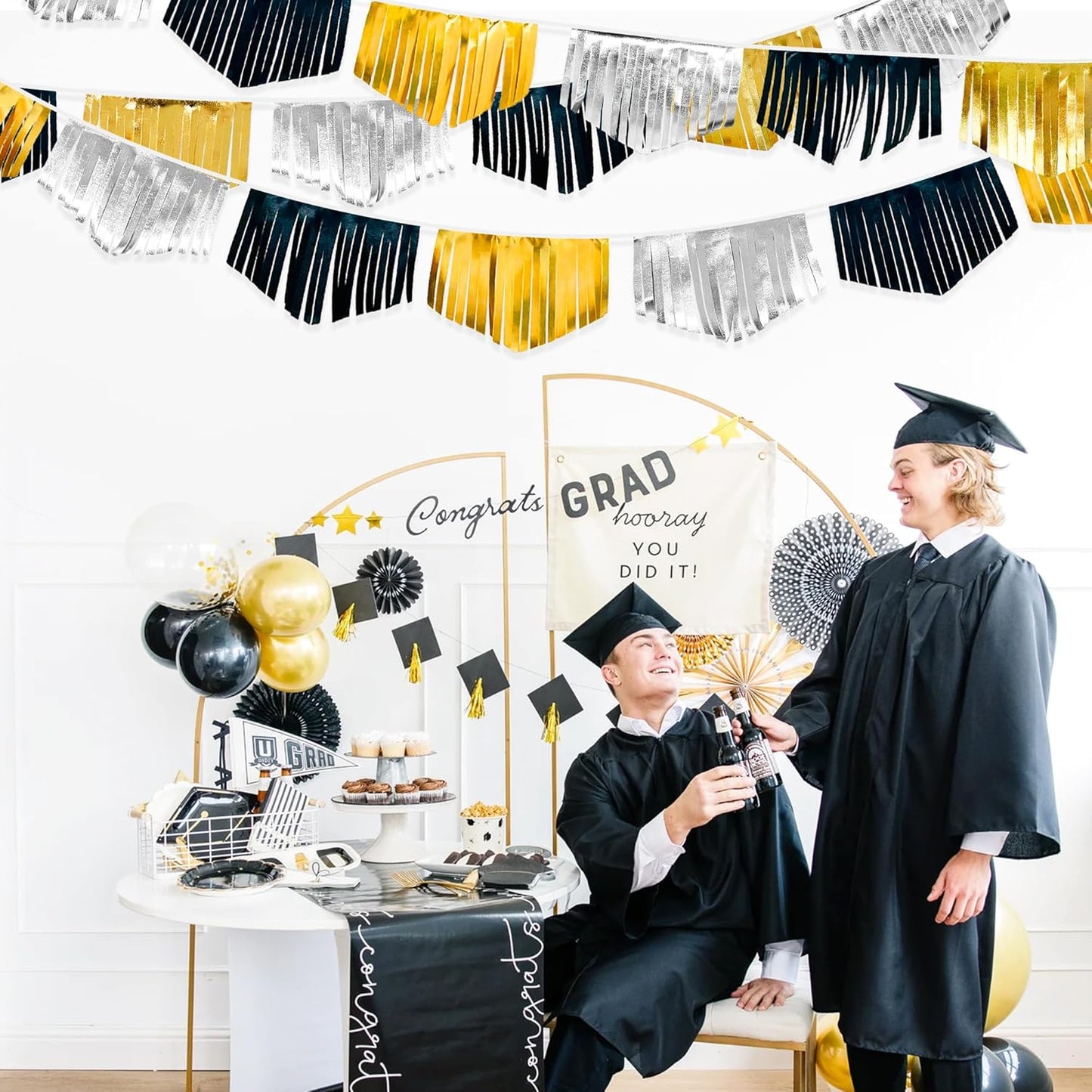 Black Silver Gold Tassel Banner Double Sided Metallic Fabric Pennant Bunting Flag Garland for Graduation Birthday Anniversary Bachelorette Engagement Wedding Bridal Shower Party Decorations Supplies