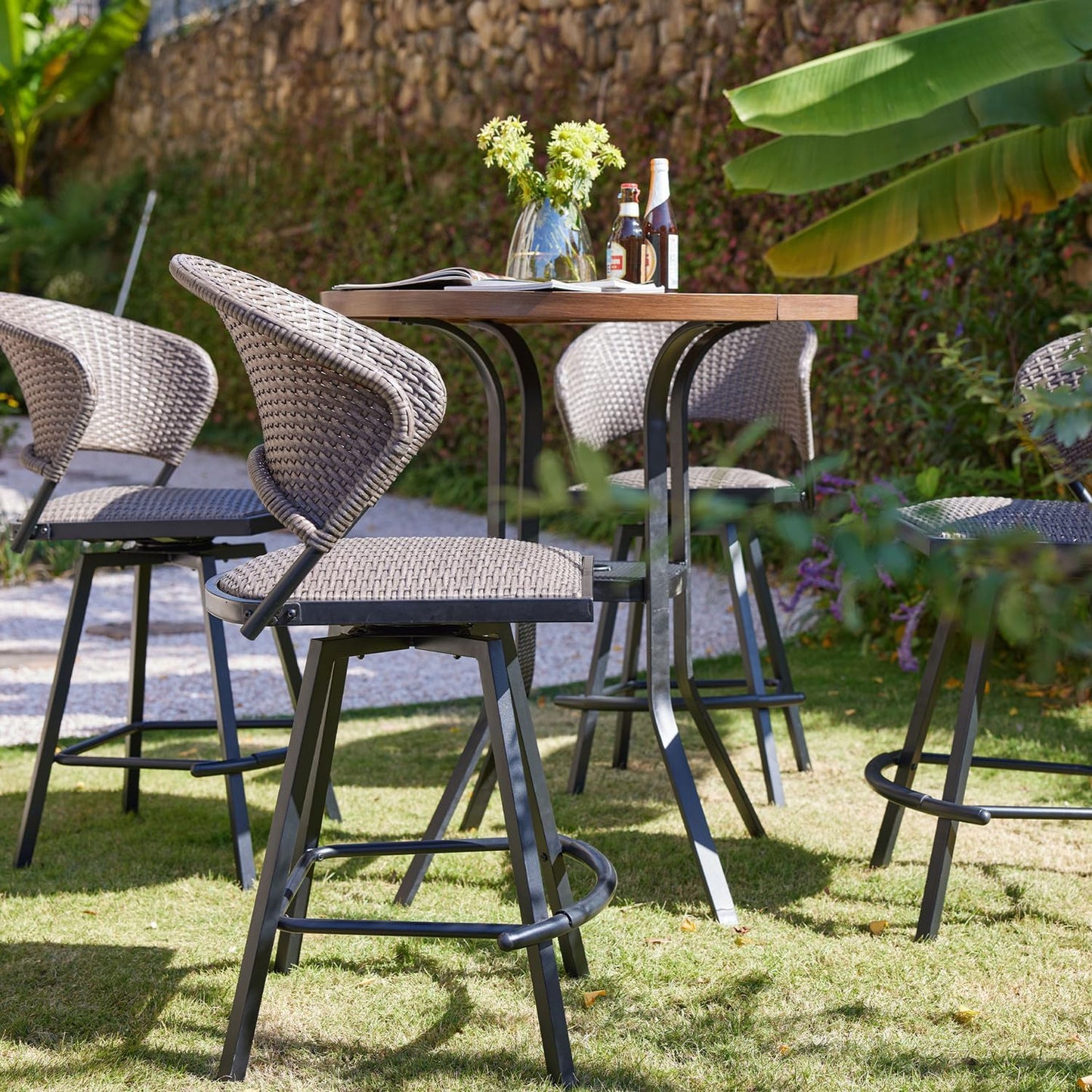 VICLLAX Patio Bar Stool Chairs with Footrests and Padded Seat, Bar Height Swivel Patio Chairs Set of 6, Brown Woven Wicker Swivel Bar Stools for Lawn Garden