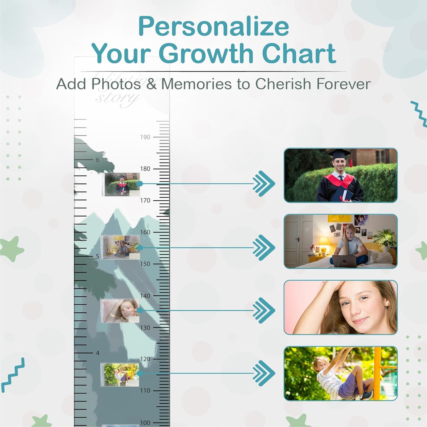 A Lifetime Story Growth Chart for Wall - Personalized for Photos, Photo Stickers, and Memory Album Feature - Height Chart for Kids - Child Height Wall Chart - Height Measurement for Wall