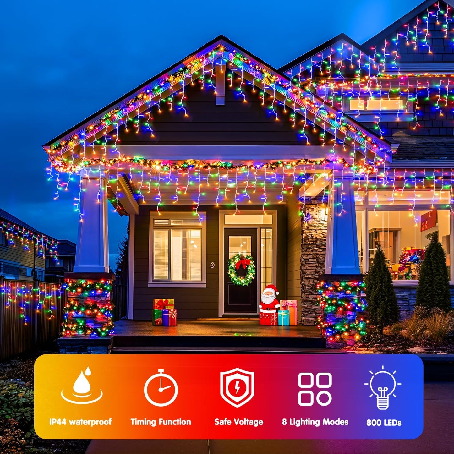 JMEXSUSS 800 LED Christmas Icicle Lights Outdoor Plug-in, Multicolor Waterproof, 8 Modes With 160 Drops for Bedroom House Holiday Party Decorations