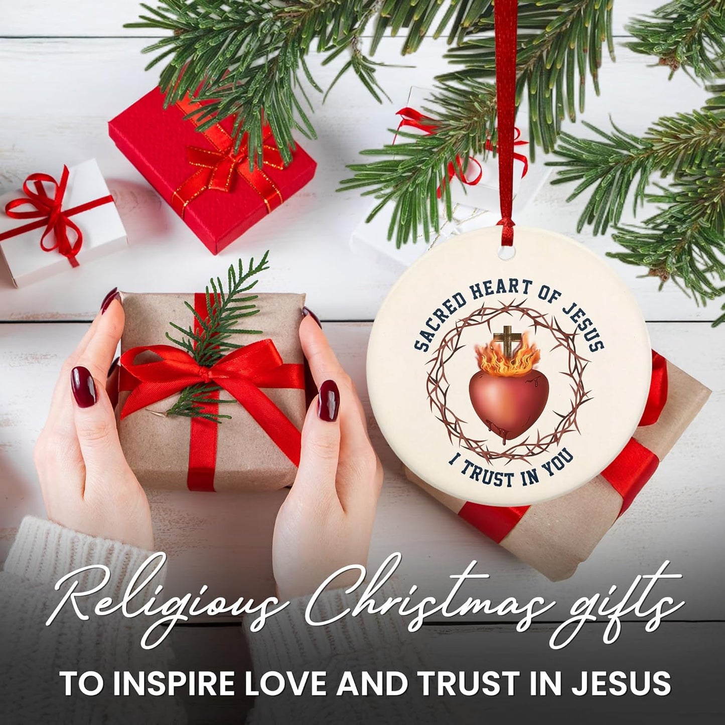 FLAGWIX Christian Gifts for Women Men - Sacred Heart Ceramic Christmas Ornaments 2025 for Tree Decorations - Religious Gifts for Women, Religious Christmas Ornaments, Spiritual Christian Gift Ideas