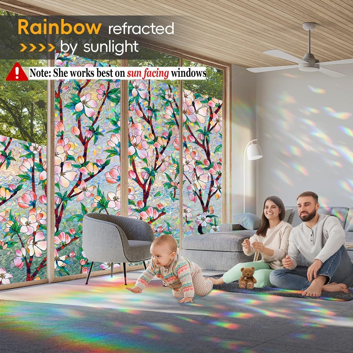 Rainbow Window Privacy Film Decorative, 3D Decals Stained Glass Clings, Static Cling Sticker, Suncatcher Windows Cover Tint for Home, 17.5 Inch x 157.4 Inch