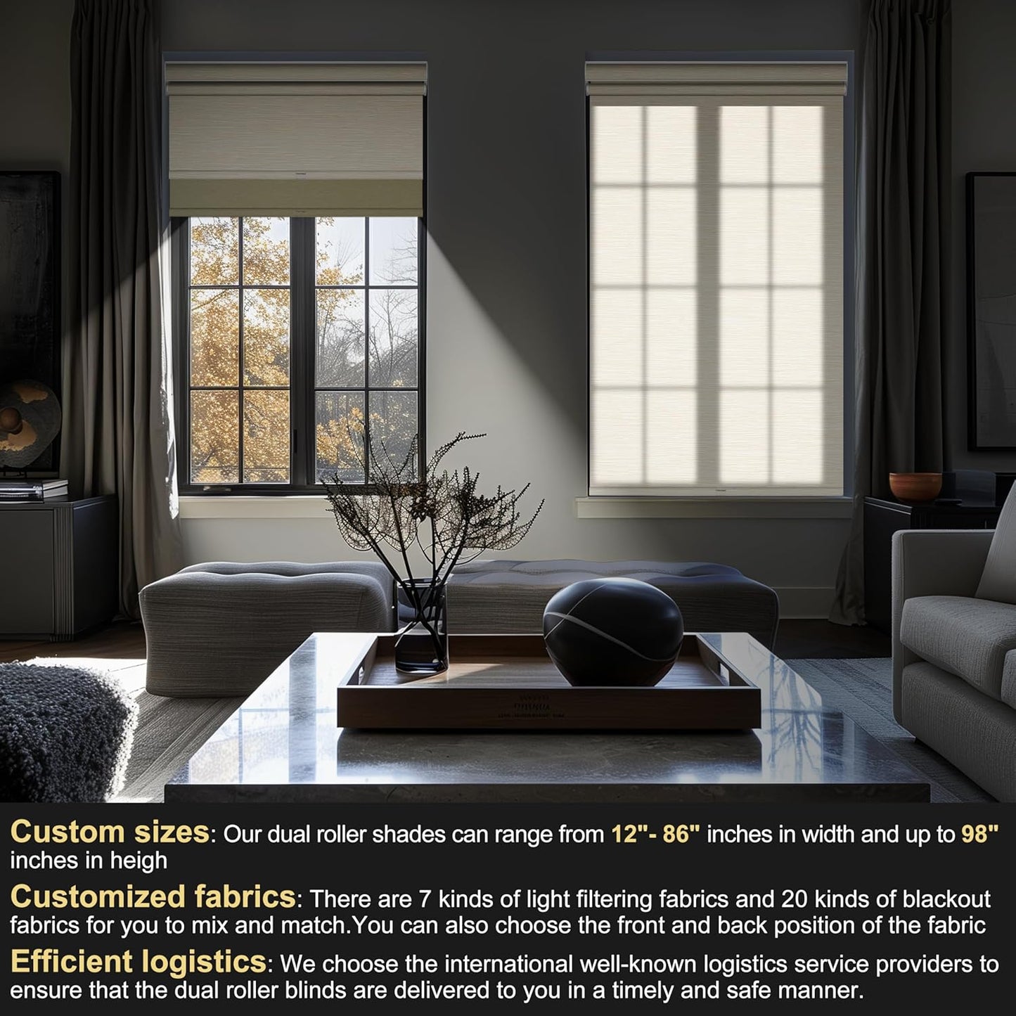 BERISSA Cordless Dual Roller Shades with Cassette Valance,Double Window Shades Blackout and Light Filtering Shades,Day and Night Roller Shades for Home Office Door.Striped Jacquard Beige.54 W x 36" H