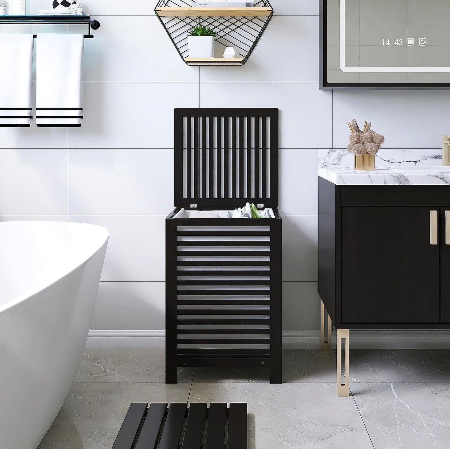 SMIBUY Double Laundry Hamper with Lid, 120L Bamboo Laundry Basket with Removable Liner Bag, 2-Section Clothes Divider Laundry Sorter for Laundry Room, Bathroom, Bedroom (Black)