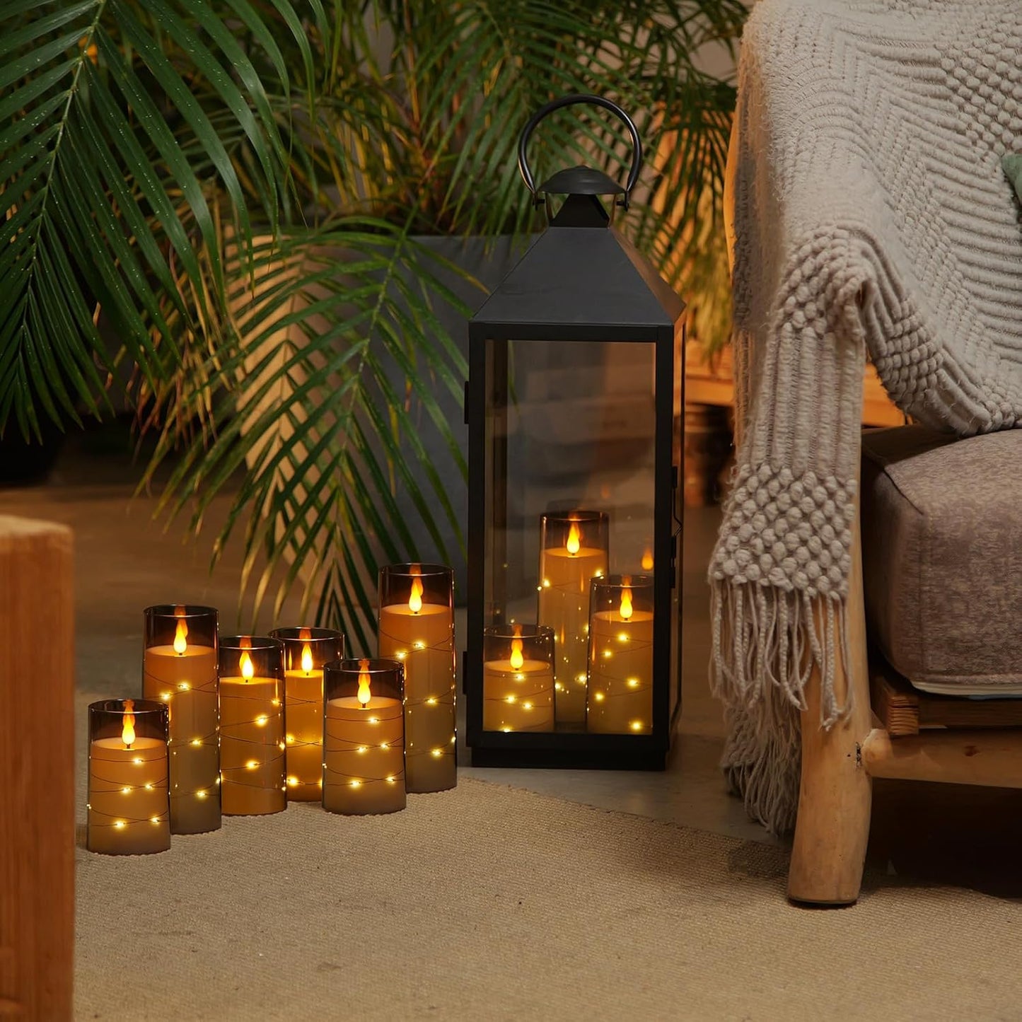 Homemory 9 Pcs Flameless Candles with Embedded Star String Fairy Lights, Battery Operated Candles, LED Fake Candles with Remote Control and Timer, Gray Acrylic