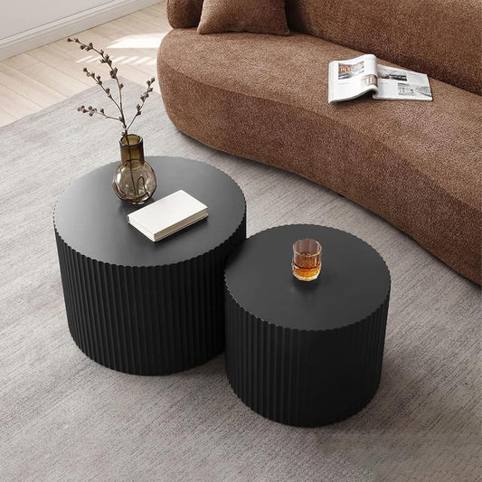 Round Nesting Coffee Table Black Round Fluted Coffee Table Set of 2 for Living Room Small Circle Drum Nested Coffee Tables (Black A 18in)