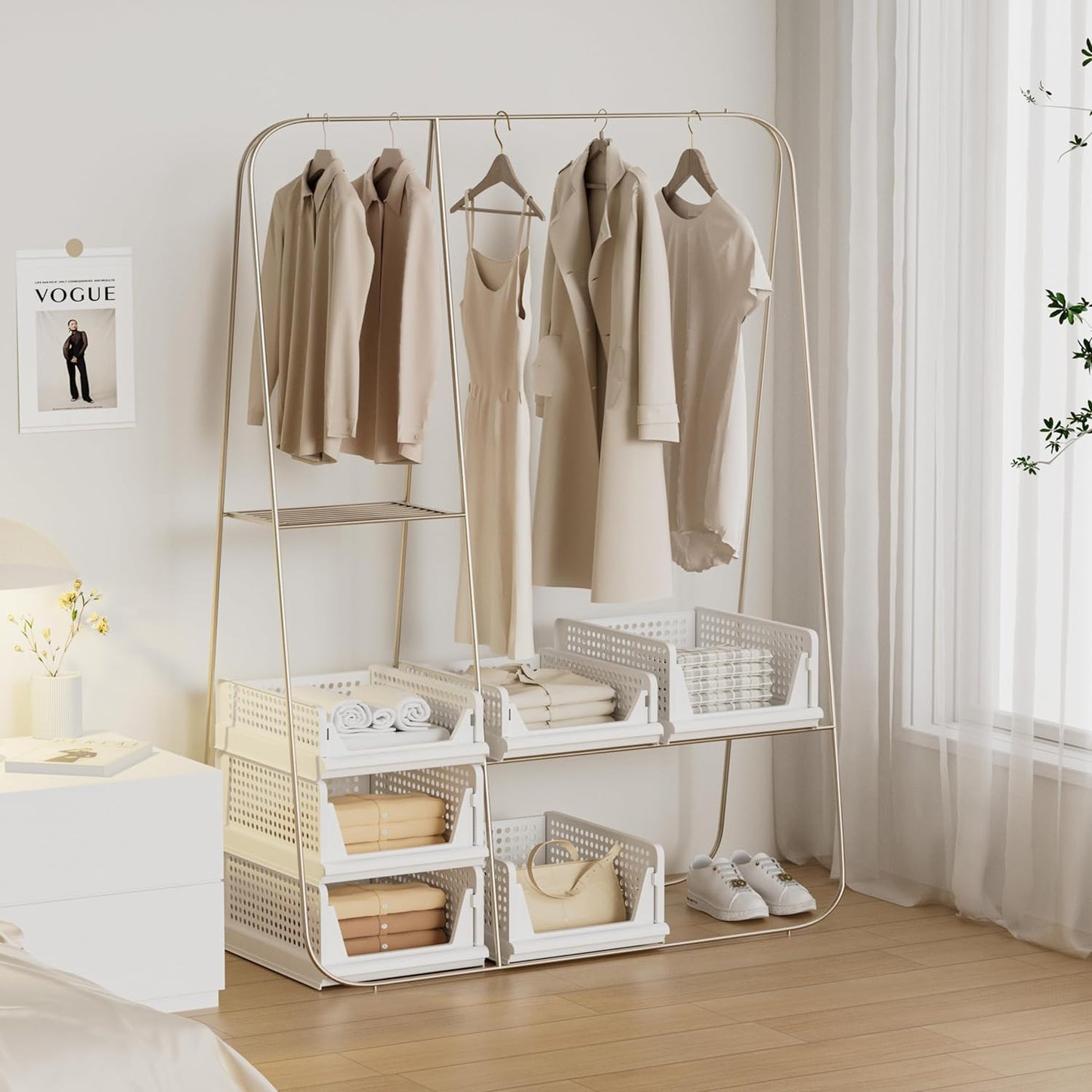 4 Pack Stackable Plastic Storage Basket Closet Organizer Bin Foldable Clothes Organizer Storage Drawer Shelf Container for Living Room Bathroom Kitchen Office (2L+2S)