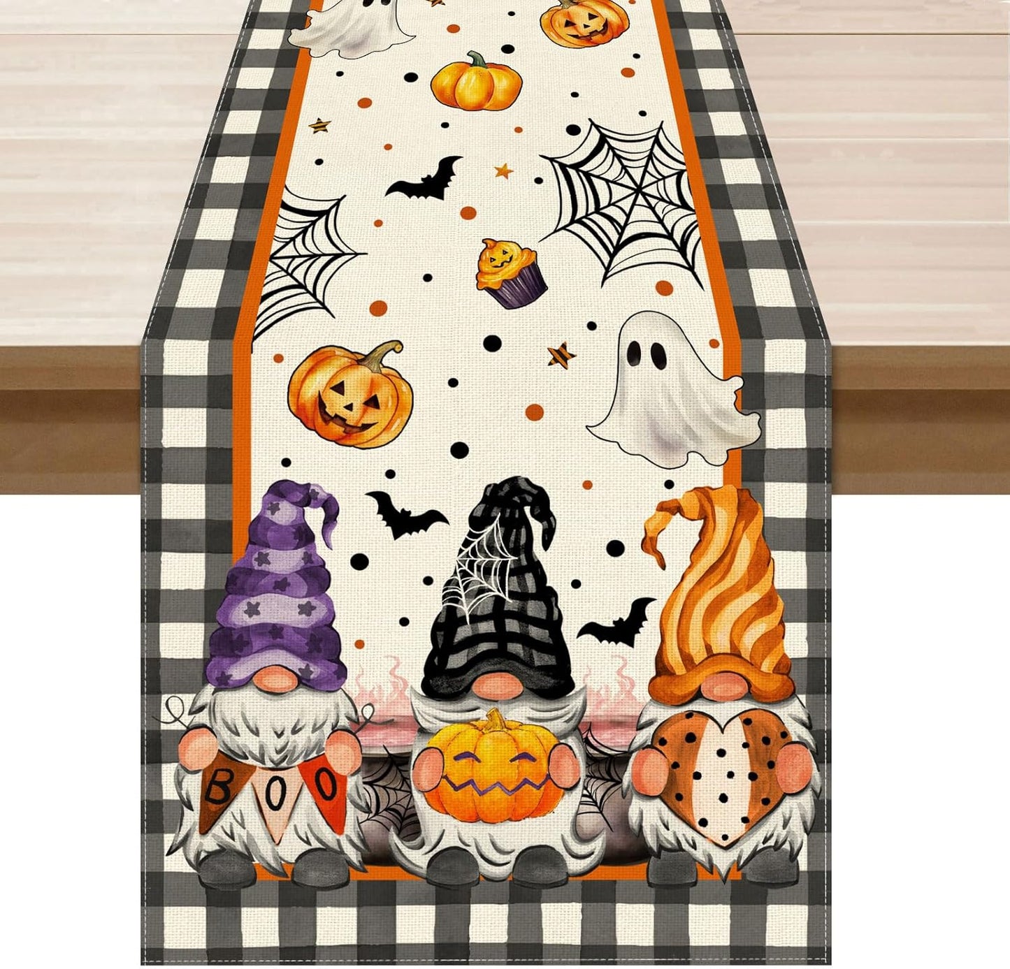 XCHI Spooky Boo Plaid Gnome Halloween Table Runner Party Table Decoration for Home Kitchen Dining Holiday Decor 13x90 Inch