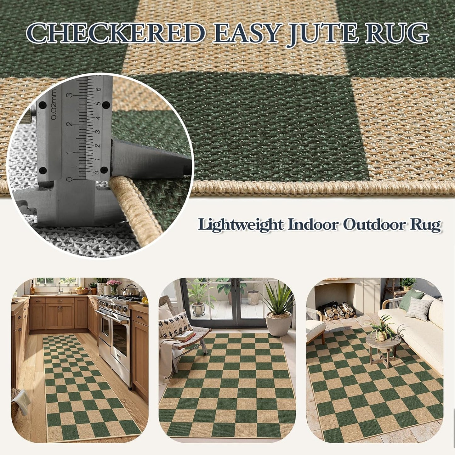 Lahome Checkered Easy Jute Dining Room Rug, 5x7 Indoor Outdoor Rugs for Patio Living Room, Neutral Checkerboard Non Slip Low Pile Green Carpet for Bedroom Office Backyard