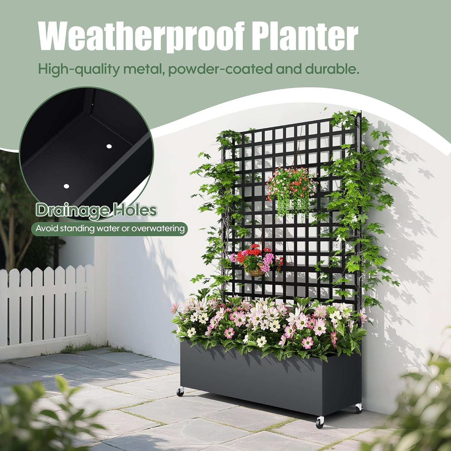 Metal Planter Box with Trellis Privacy Screen, Raised Garden Bed with Lattice Trellis & Wheels, Privacy Planters for Patio, Planter Box for Climbing Plants, Flower, 73"x 47"x 16", Black