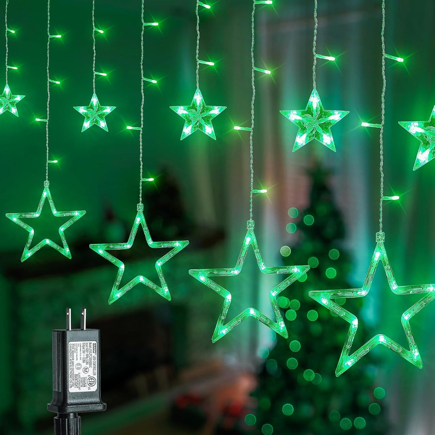 Green Star Icicle Lights,126LED 8.2FT Christmas String Lights with 8 Modes Waterproof,Clear Wire Plug Memory Timer Curtain Lights for St Patrick’s Day Holiday Yard Garden Decorations(Green)
