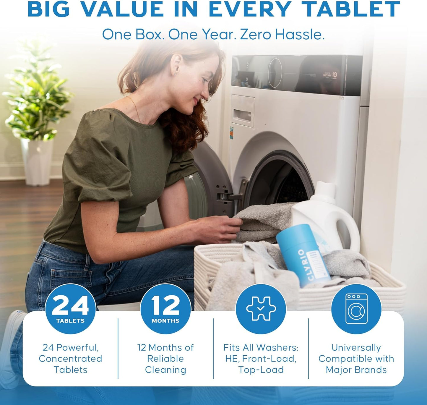 Clyrio Washing Machine Cleaner, 1-Year Supply of Washing Machine Cleaning Tablets, Great for Freshening Top and Front Loaders, 24 Concentrated Tablets