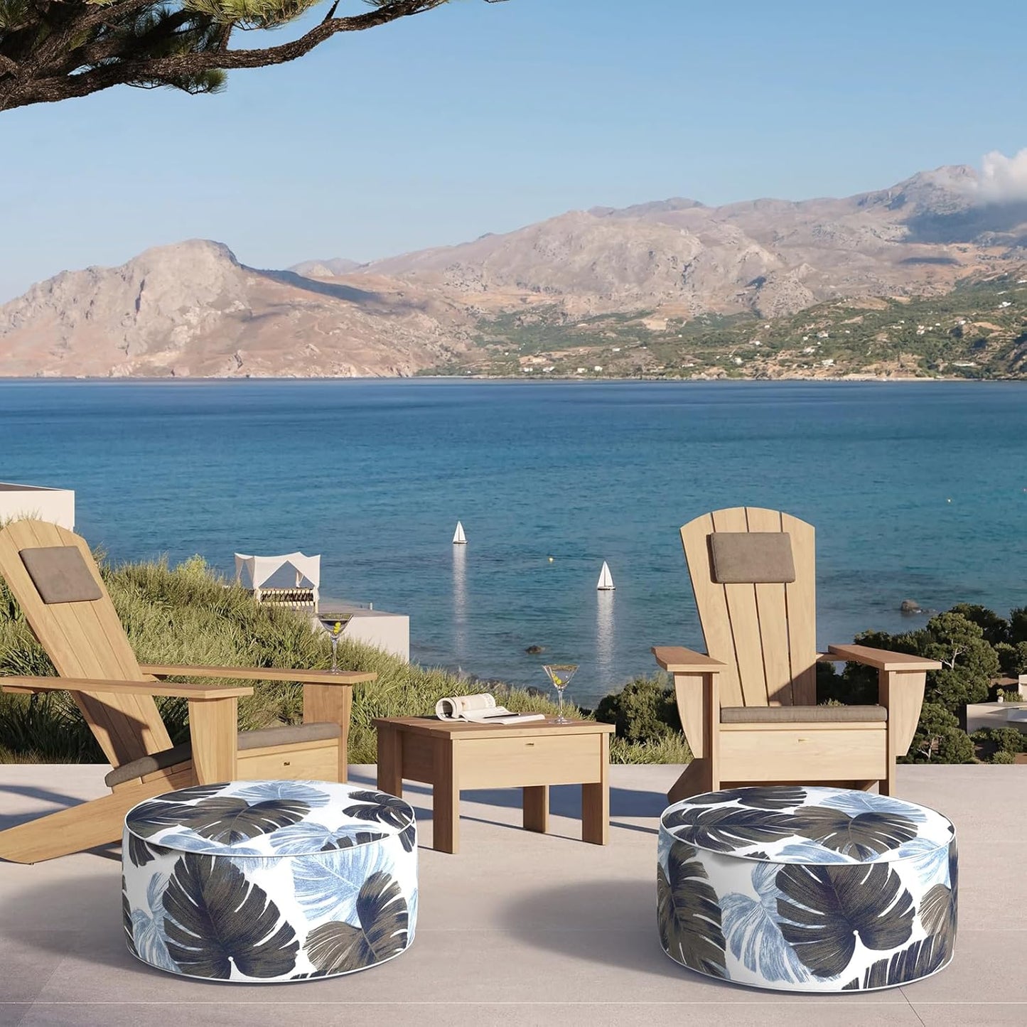 Inflatable Ottoman Stool D21 xH9 for Outdoor/Indoor Use, Water Repellent Patio Foot Rest Stool with Portable Handle,Round Pouf Ottoman Suitable for Garden,Deck and Camping - Monstera Blue