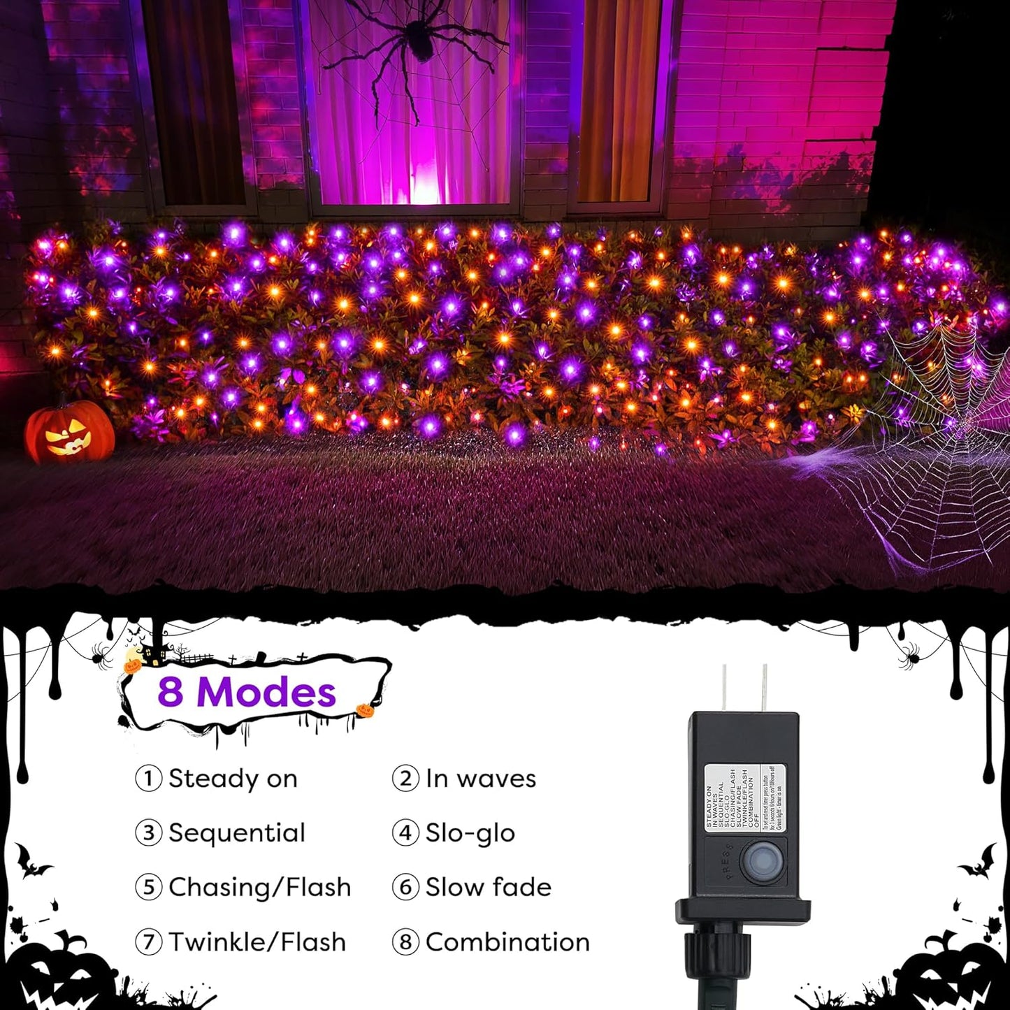 WBao Halloween Lights Outdoor 360LED 11.5ft x 6.9ft Halloween Net Lights with 8 Modes, Timer, Connectable, Waterproof & Dark Green Wire for Lawn, Bushes Outdoor Holiday Decorations, Orange Purple