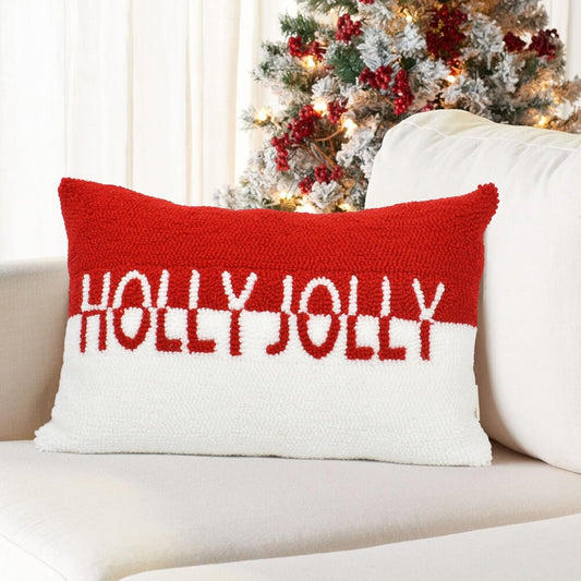 Holly Jolly Christmas Pillow Covers 12x20, Hooked Wool Embroidered Christmas Throw Pillow Covers Christmas Decorations Holiday Pillows for Home Couch,Red White