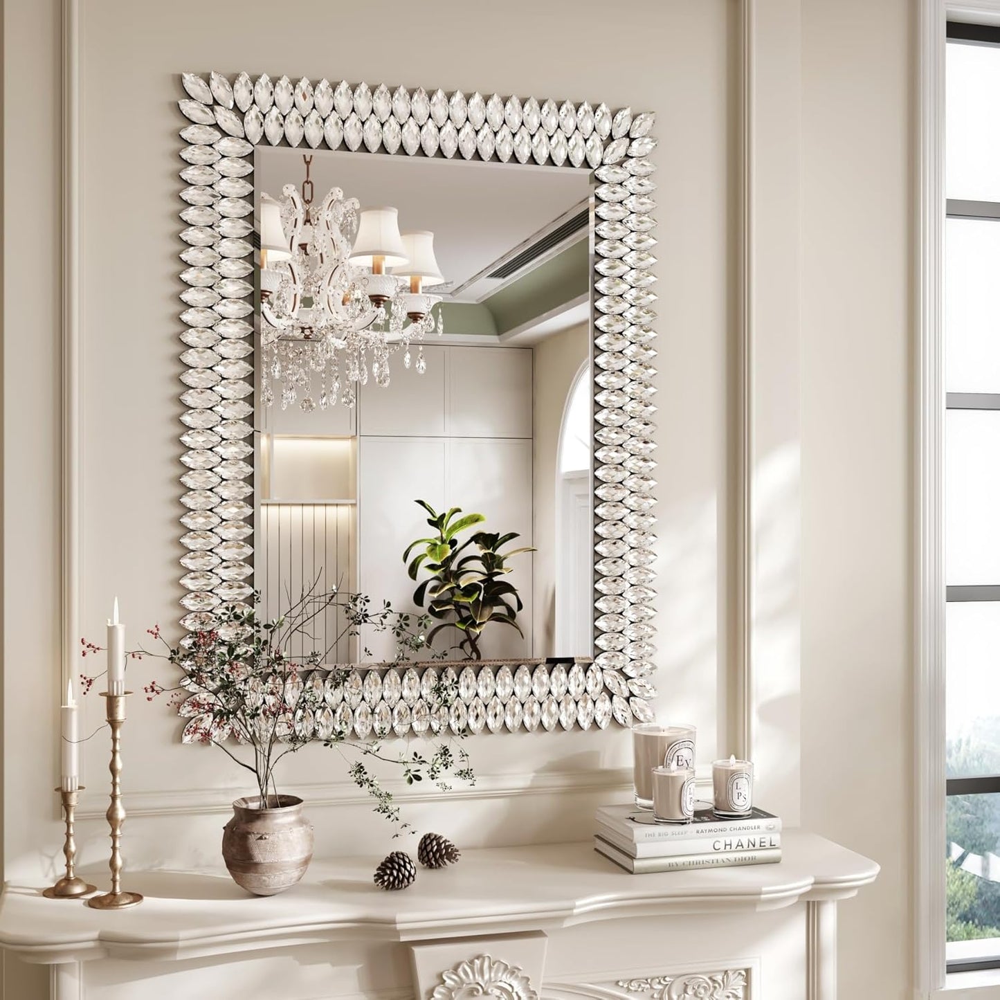 Kelly Miller 30"x40" Jeweled Bathroom Wall Mirror, Large Rectangle Mirror Decorative Mirror Luxury Vanity Mirror with Diamonds for Master Bath Half Bath Living Room Bedroom Fireplace Mantle Entryway