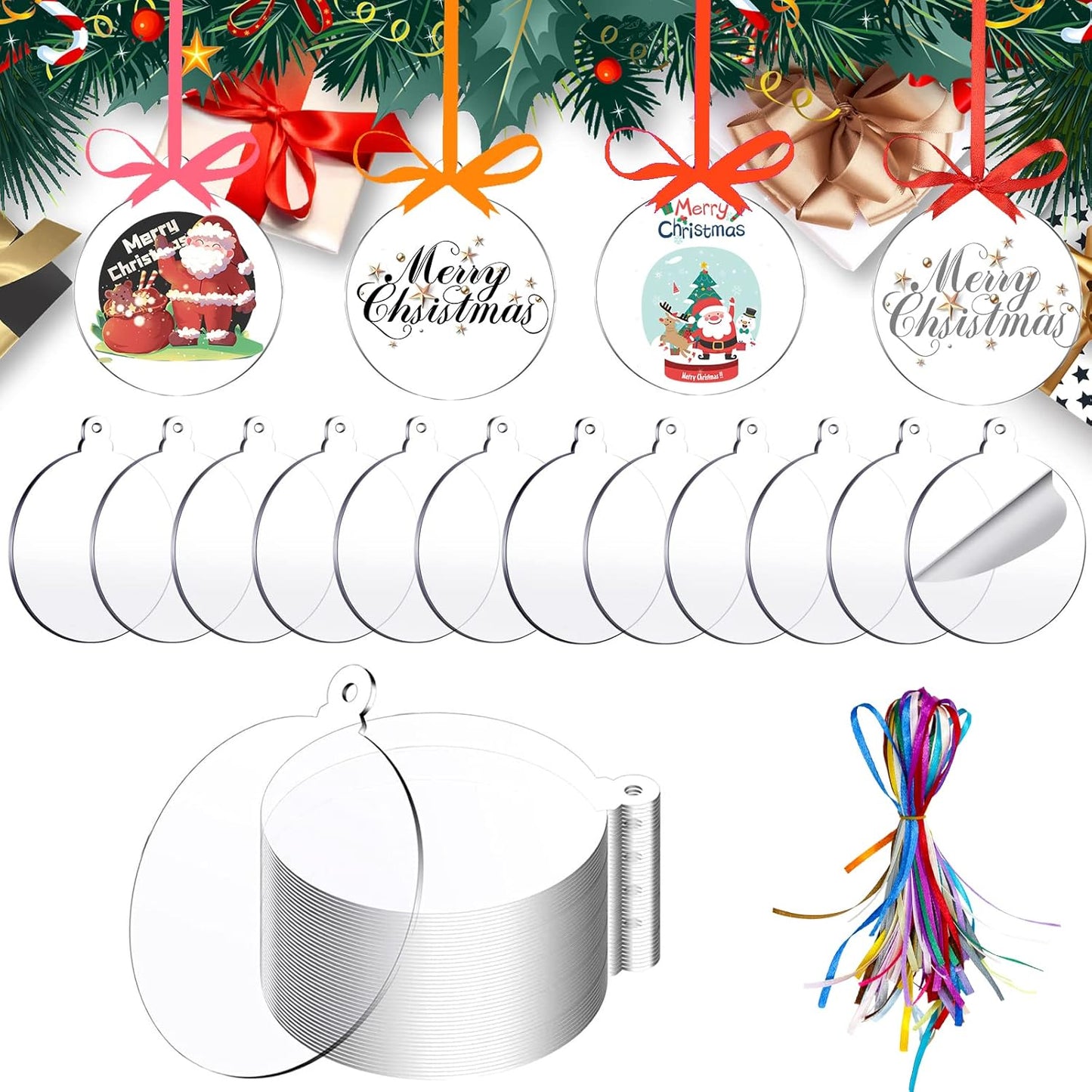 50 Pieces Christmas Hanging Ornaments Set 3''Christmas Ornament Acrylic Blank with 50Pcs 25 Color Ribbons for Christmas Tree DIY Decor (Classic Style, 50.00)