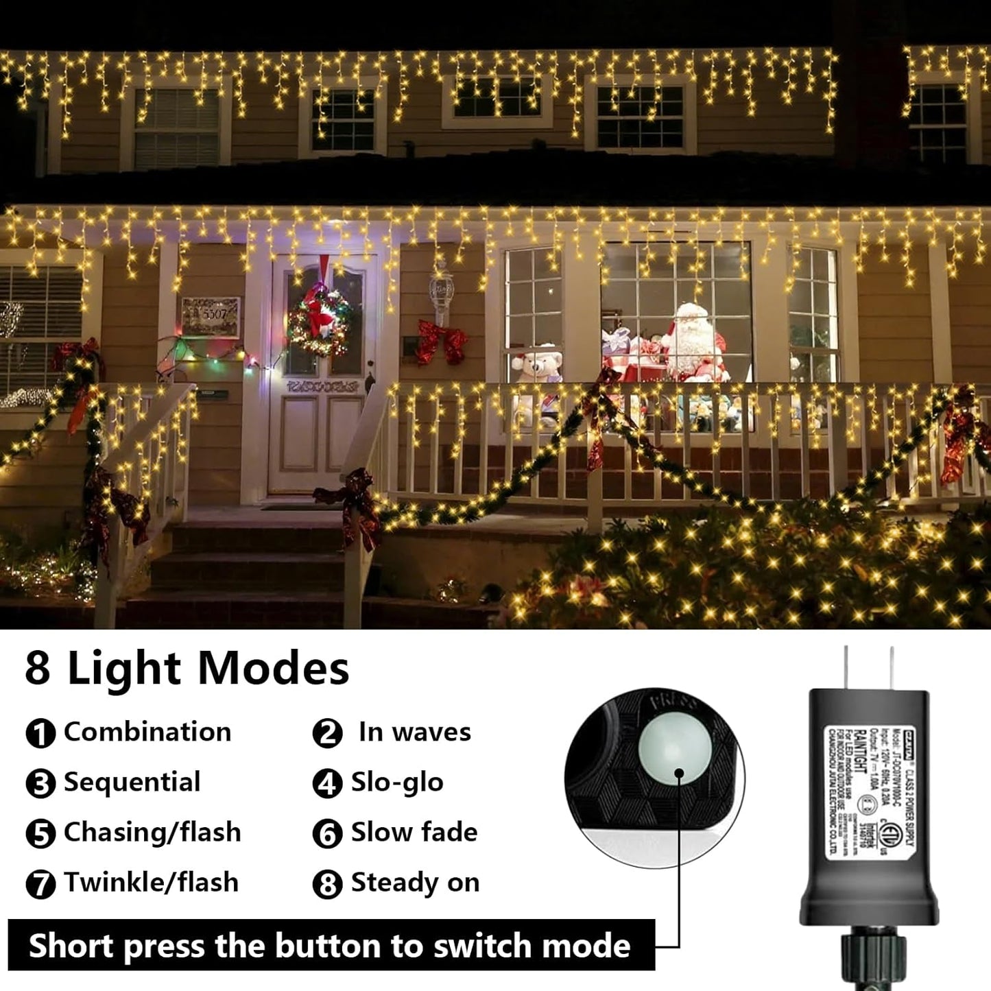 QITONG Warm White Icicle Lights for Outside, 33ft 400 LED Christmas Lights Indoor with 8 Modes, Clear Wire Connectable String Lights Plug in
