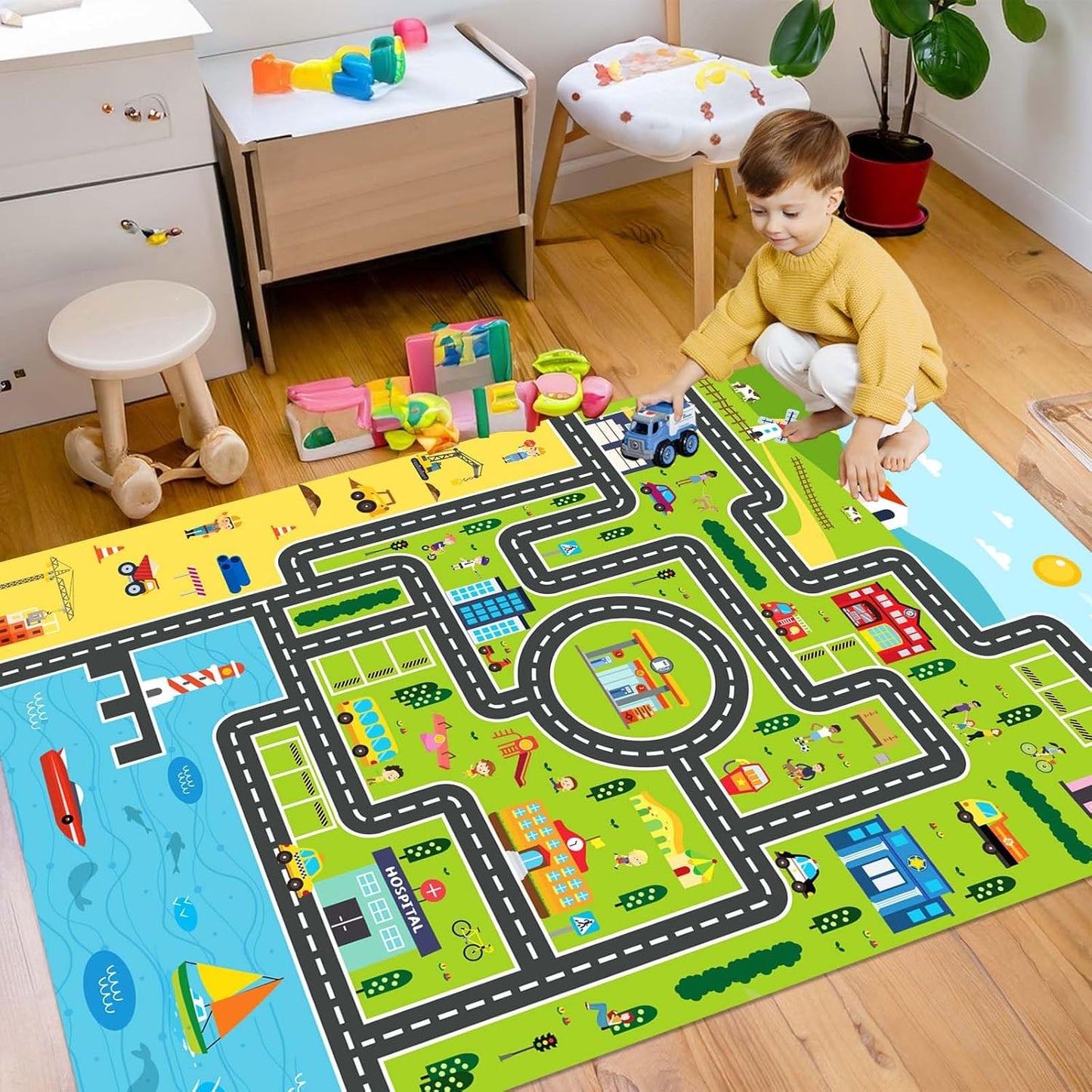Kids Rug Playroom Car Rug Play Mat City Life Road Rugs Fun City Map for Kids Toy Cars Carpet for Bedroom Boys (Green-Rug, 6.6x9.8ft)