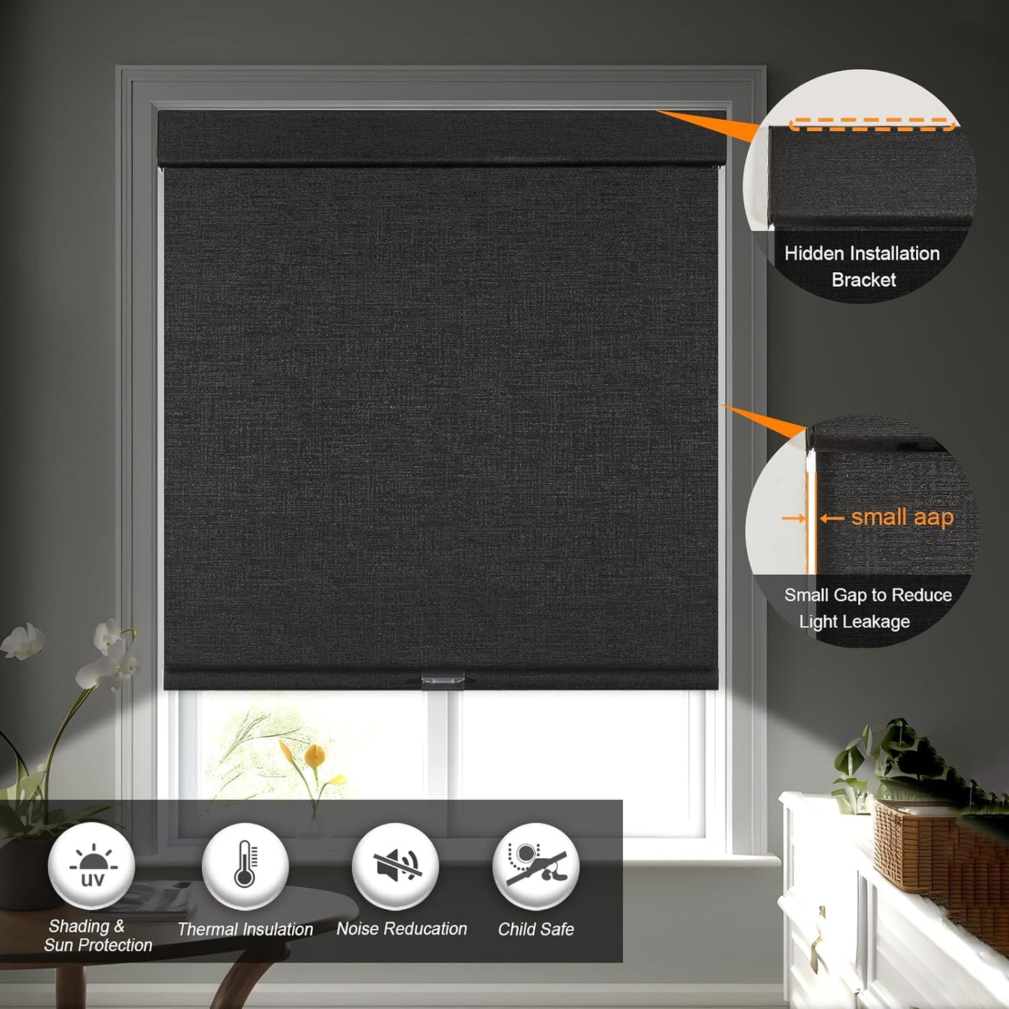 Persilux Free-Stop Cordless Blinds for Indoor Windows with Cover, Window Shades Blackout Roller Blinds, Thermal Insulated Fabric UV Protection for Kitchen, Office, Living Room, Black(28.5" W x 84" H)