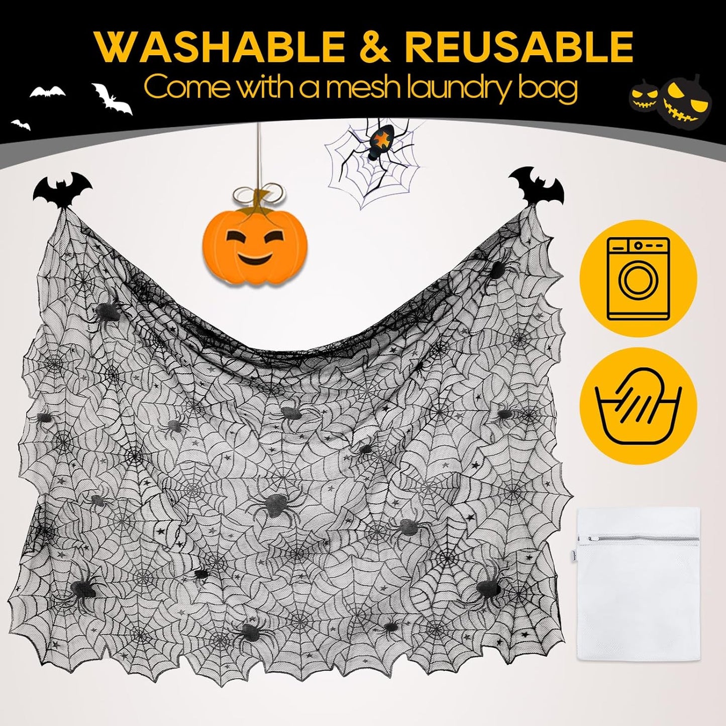 eZAKKA Halloween Table Cloth, 54" x 72" Spider Webs Tablecloths Black Tablecloth Lace Fabric Table Cloths Spooky Cover