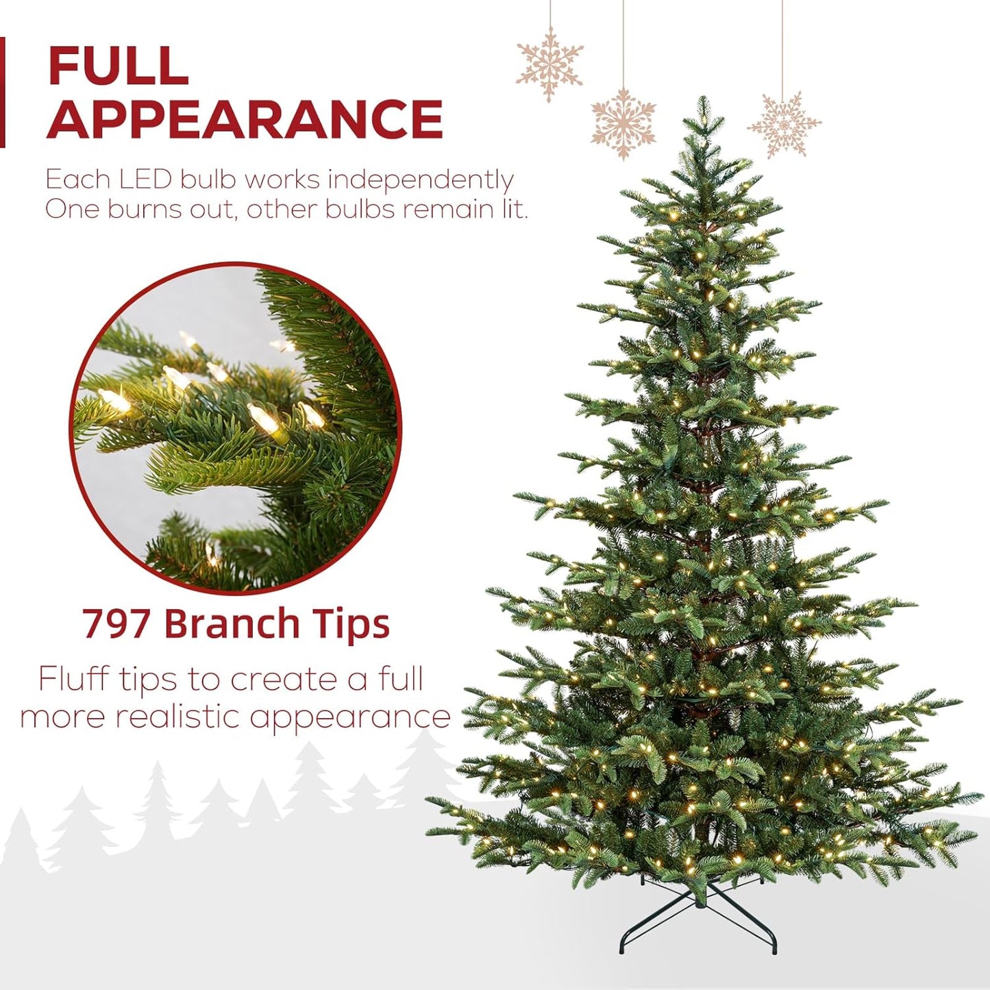 Hykolity 6 ft Artificial Christmas Tree with 797 PE &PVC Branch Tips, 330 Warm White LED Lights, Metal Stand and Hinged Branches